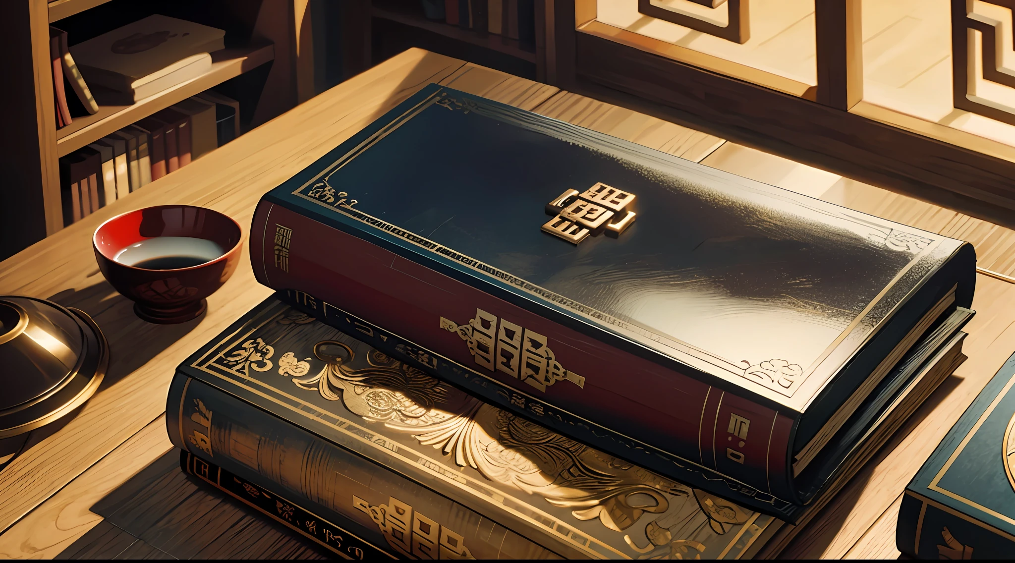 Excellent, Masterpiece, High Resolution, High Resolution, Indoor, Study, 16K, HDR, High Resolution, Depth of Field, (Film Grave: 1.1), Golden Hour, (Lens Glow), (Color Grading: 1.5), Close-up, A Desk, A Book, Books Glow, Glowing Books, (Close-up: 1.5), Han Dynasty, Han Dynasty, Ancient Books