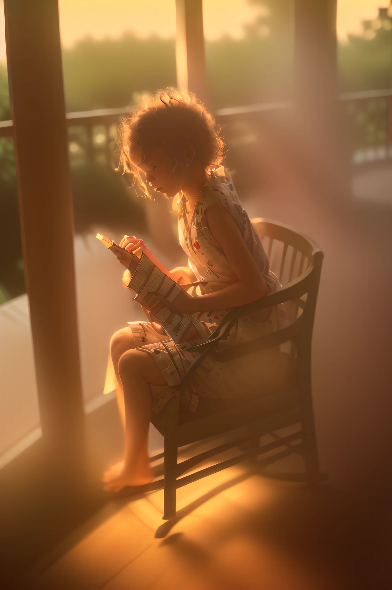 irish albino girl in rocking chair during pastel sunset in tanktop and messy hair at southern porch with fireflies dust and porch lights summerevening humid dramatic lighting with light and shadows patterns on skin style of sally mann in color nostalgia