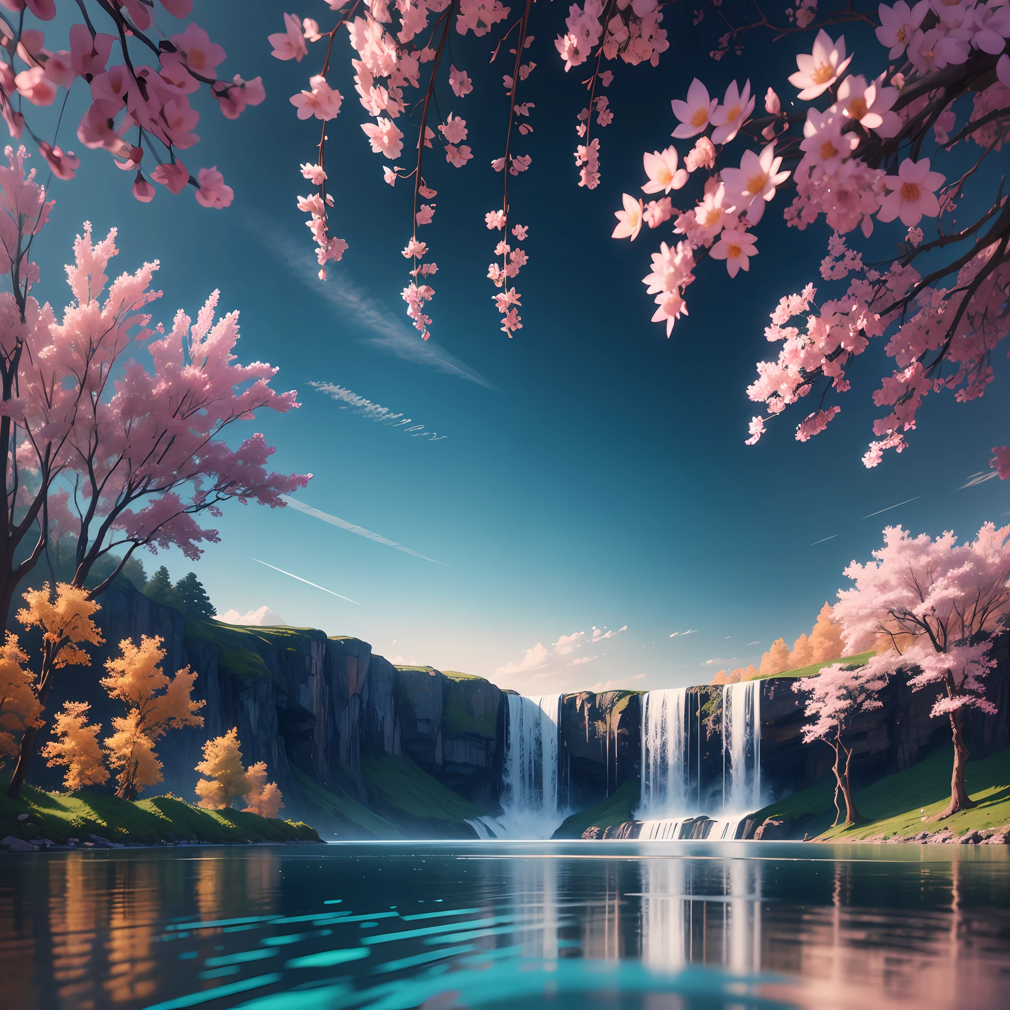 masterpiece, extremely detailed CG unity 8k wallpaper, scenery, outdoors, sky, Lotus, cloud, day, no humans, mountain, landscape, water, tree, blue sky, waterfall, cliff, nature, lake, river, cloudy sky, award winning photography, HDR, extremely detailed, trending on artstation, trending on CGsociety, Intricate, dramatic, art by midjourney, Bokeh, Depth of Field, bloom, Chromatic Aberration, Photorealistic, High Detail, best quality, high quality --auto --s2