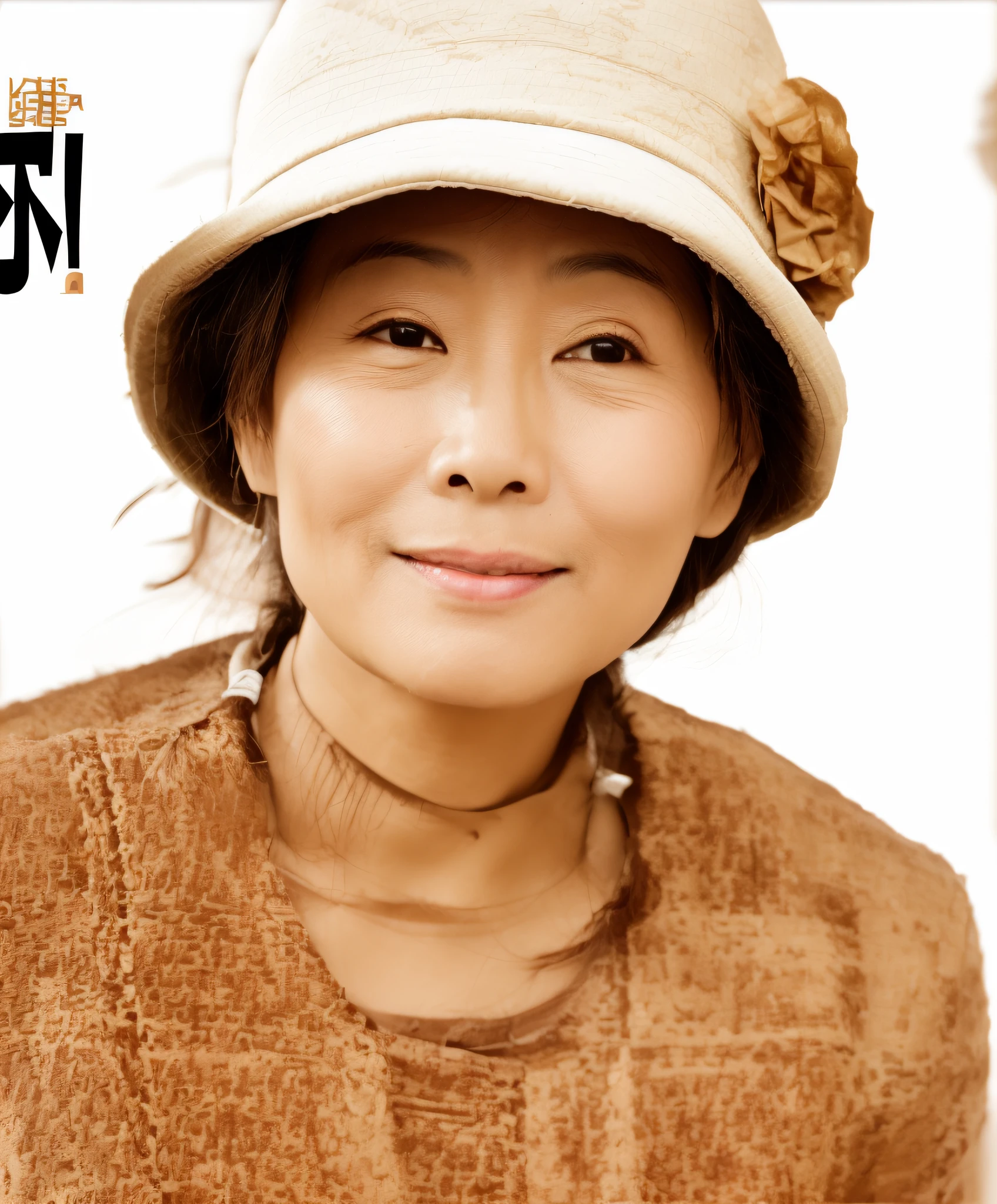 Asian, keep the facial expression, 100% restored, eyes look diagonally upward, tears in the eyes, wrinkles at the corners of the eyes, skin texture, wry smile, closed lips, white hat on the head