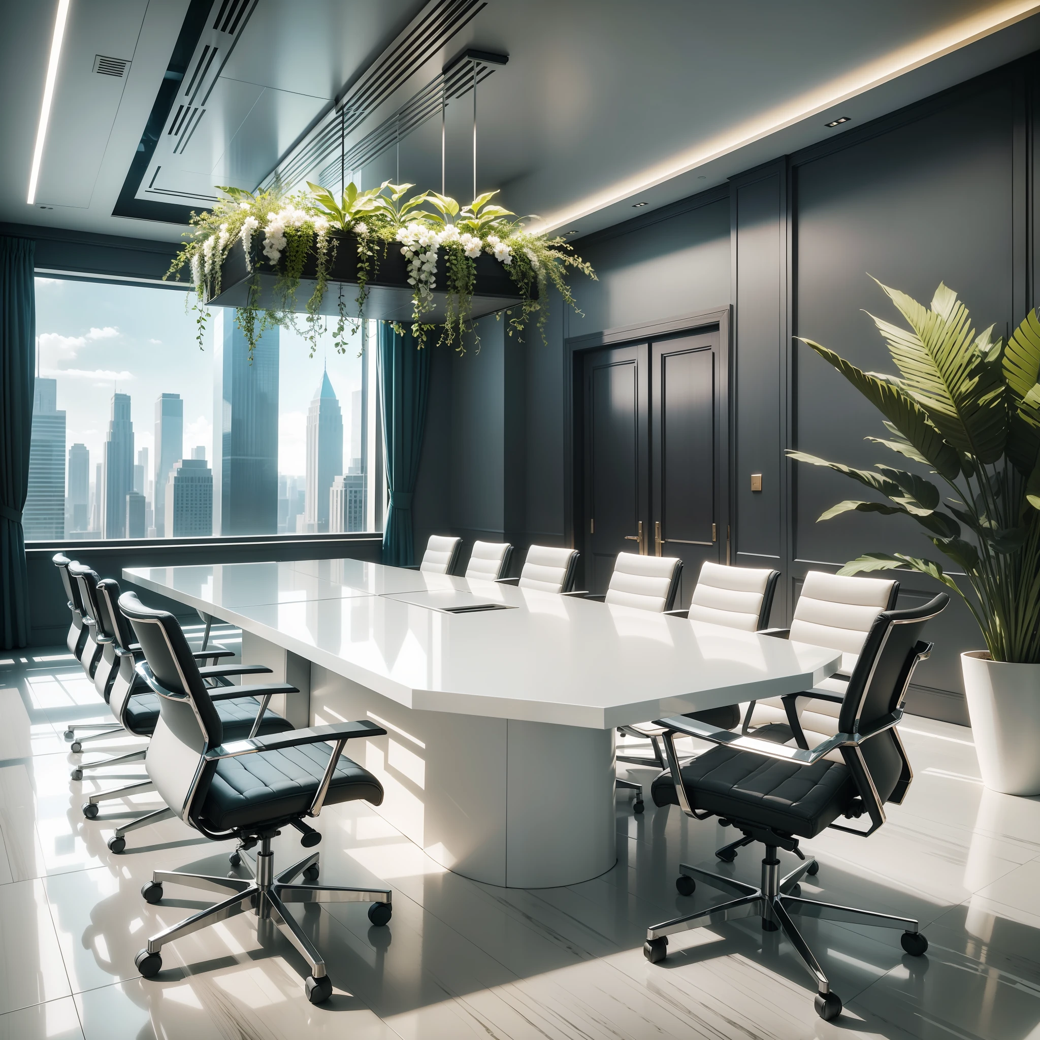 Architectural Digest's photo is of a modern style conference room, open oversized TV screen, (with plants inside: 0.1), white wainscoting, solid wood furniture, top LED light film, surrealist surrealism, award-winning masterpiece, incredible detail, epic stunning, wide shot, vanishing point, 8K