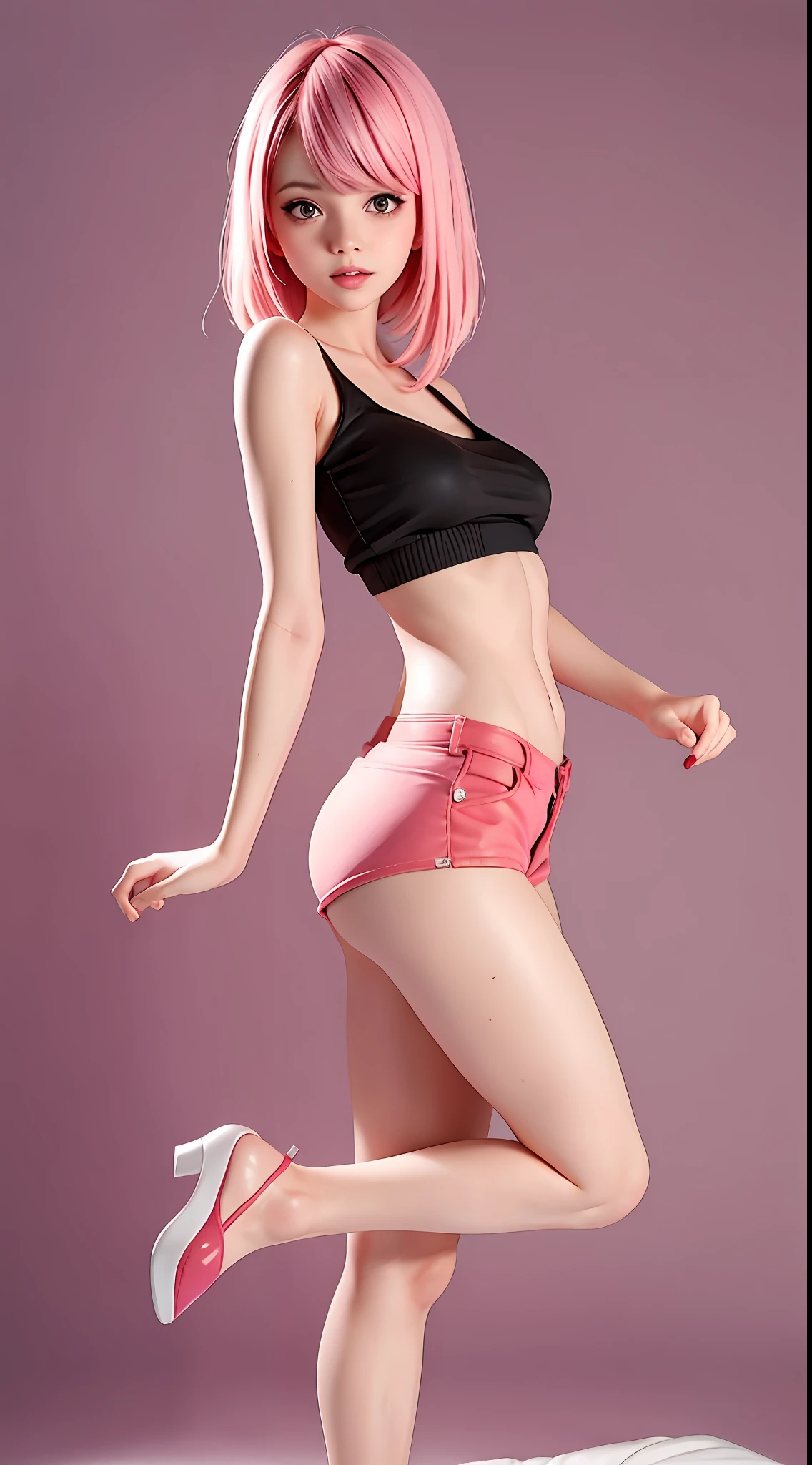 Girl, naughty girl, short clothes, sexy clothes, pink hair, small chest, heaving ass, thin legs, raised leg, seductive pose, sexy pose.