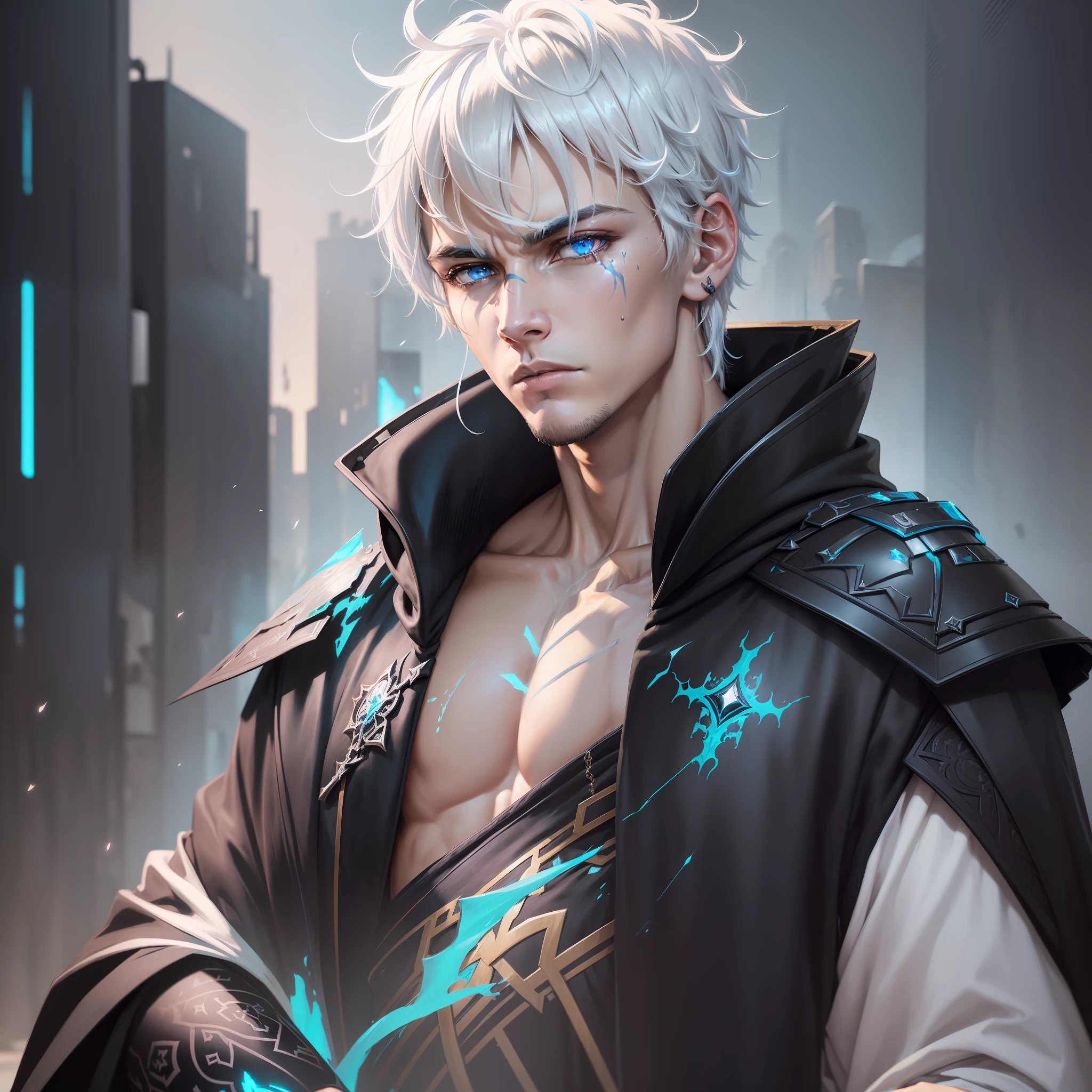 Cyberpunk male, fantasy world, dark background, clean design, epic instagram, artstation, colorful paint splatter, silhouette, hyper detailed intricate details, unreal engine, fantasy, intricate details, splash screen, complementary colors, Fantasy concept art, 8k resolution, deviantart masterpiece, oil painting, heavy strokes, paint dripping, (isolated on white background: 1.3), rainbow skin, (((handsome young man))), ((teenage:1.5) ), (glowing blue eyes), ((light eyes)), ((((short white hair: 1.1))), ((black clothes)), (prince\\(indifferent expression\\),, ( ((Wears high detail luxurious black robe))), white hair, frost magic, ((chest) --v 6