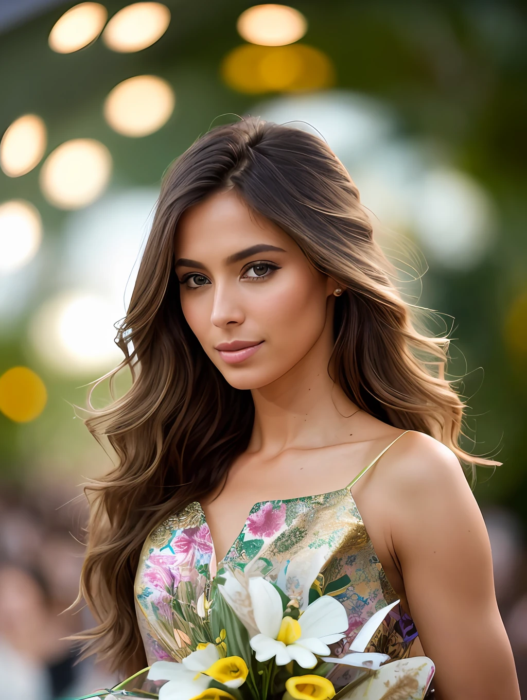 photo of a stunning beautiful Brazilian female supermodel, green eyes, long messy windy light brown hair, flipping hair, closeup zoomed in tight crop portrait, walking down a (runway at a fashion show scene models people:1.2) wearing a (fluttering floral high couture dress:1.3) (expensive clutch bag on her hand:1.3) (Lighting-Gold:1.2) foreground objects background details (masterpiece:1.2) (photorealistic:1.2) (bokeh:1.2) (best quality) (color grading) (detailed skin:1.3) (intricate) (8k) (HDR) (cinematic lighting:1.3) (sharp focus), messy windy hair