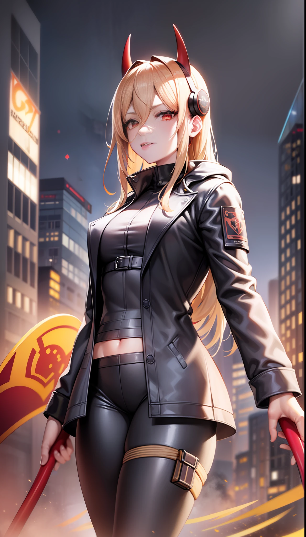 Pava, yellow hair, scythe in hand, red scythe in hand, red eyes (detailed depiction), evil smile, white shirt, black coat, trousers, (Shibuya: 1.4), (night light: 1.4), (thick body: 1.4), (long blonde hair: 1.4), HDR (high dynamic range), ray tracing, NVIDIA RTX, super resolution, Unreal 5, subsurface scattering, PBR textures, post processing, anisotropic filtering, depth of field ,maximum sharpness and sharpness, multi-layer textures, Albedo and specular mapping, surface shading, accurate simulation of light-material interactions, octane rendering, duotone lighting, low ISO, white balance, rule of thirds, large aperture, 8K RAW, (luminous particles: 1.4), {{masterpiece, best quality, extremely detailed CG, Unity 8k wallpaper, 3D, cinematic lighting, lens flares}},