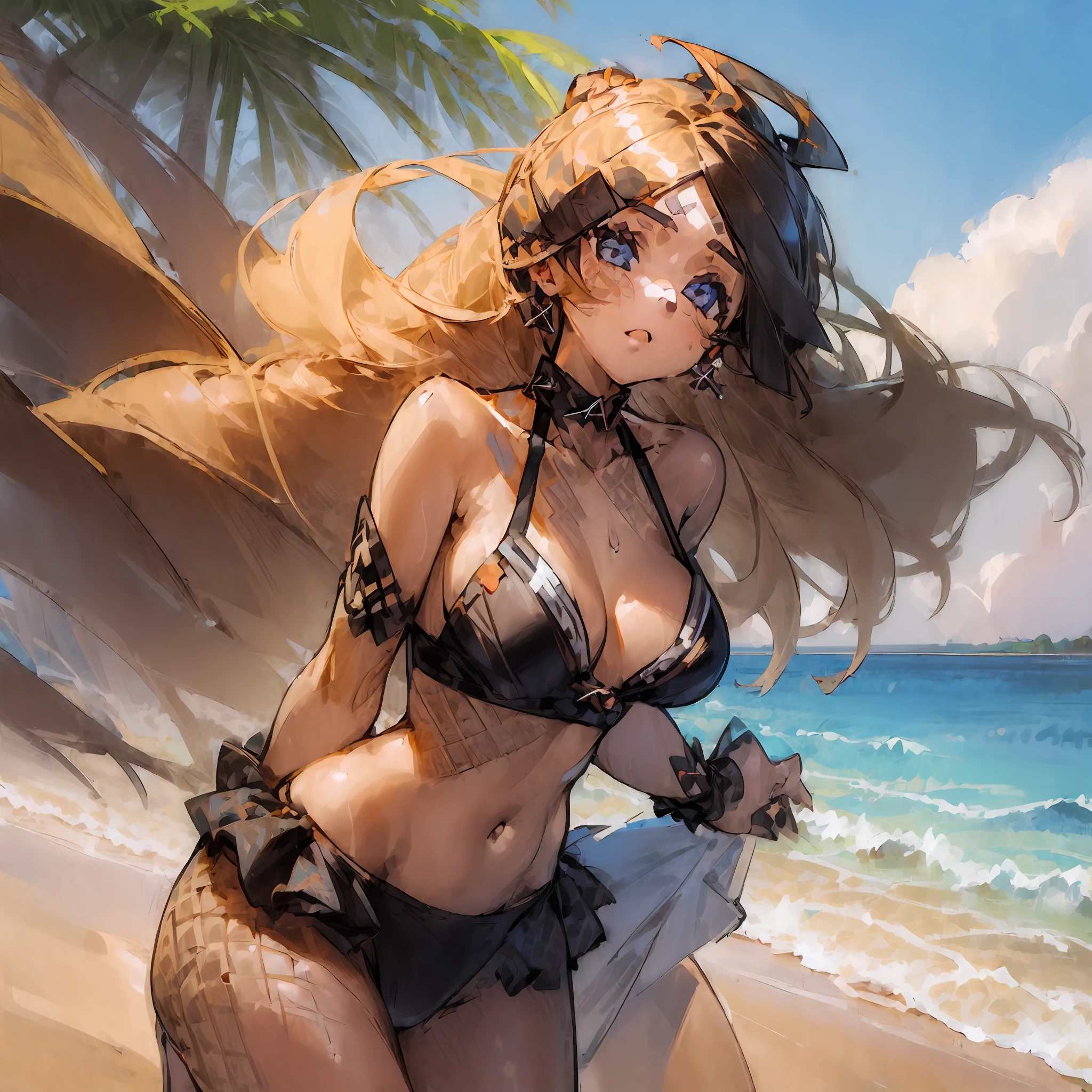 (best quality, y, alluring), beach sunset, tanned skin, (1girl:2.5), (swimsuit+beachwear:1.3+high heels), confident gaze, dynamic pose, windblown hair, romantic feel --auto --s2
