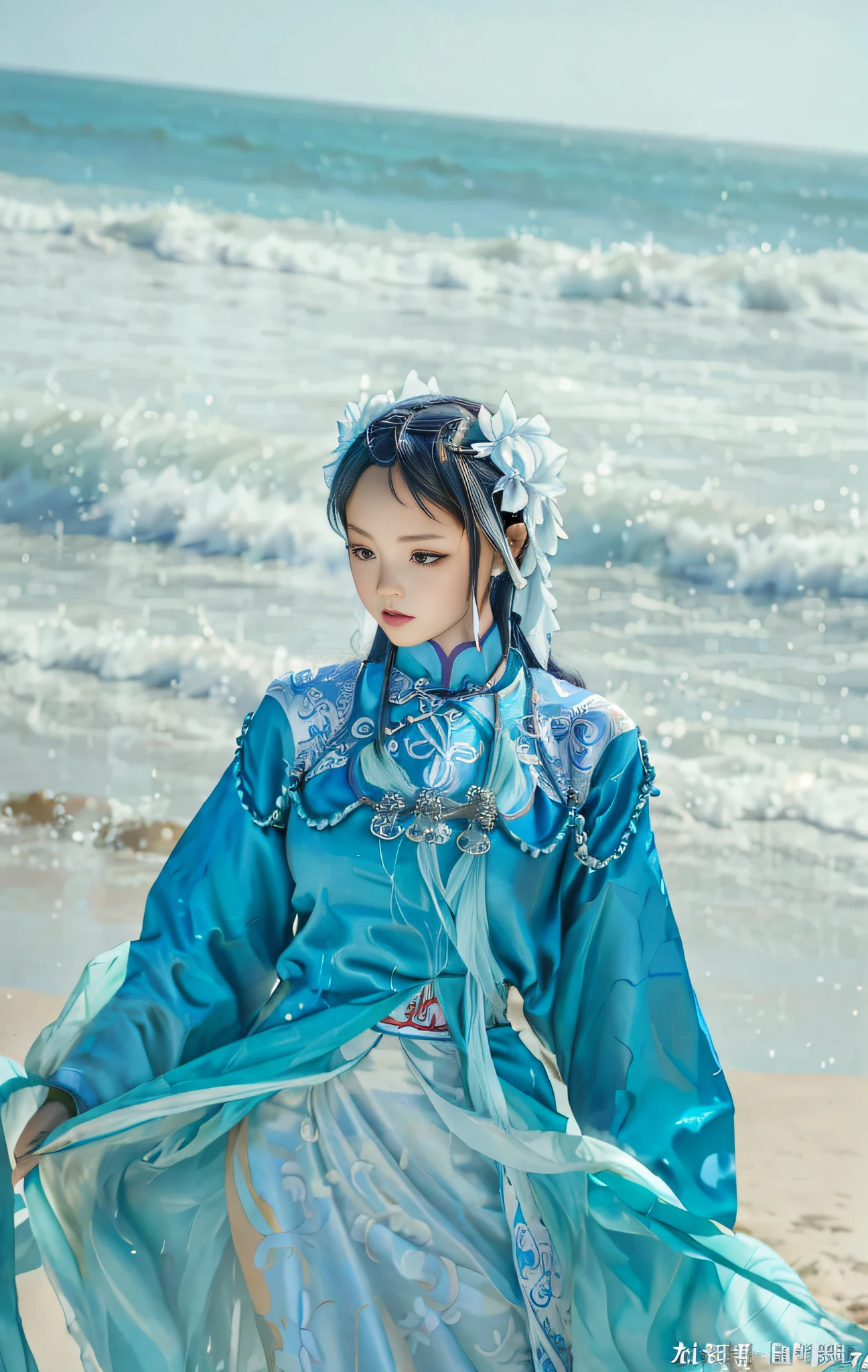 There is a woman in a blue dress on the beach, a girl in Hanfu, Hanfu, with antique Chinese clothing, Sea Queen Mu Yanling, inspired by Qiu Ying, wearing ancient Chinese costumes, wearing gorgeous silk clothes, inspired by Depica Pademini, inspired by Huang Ji, the darling of the ocean, super realistic, Chinese style, illustration, Chinese style illustration