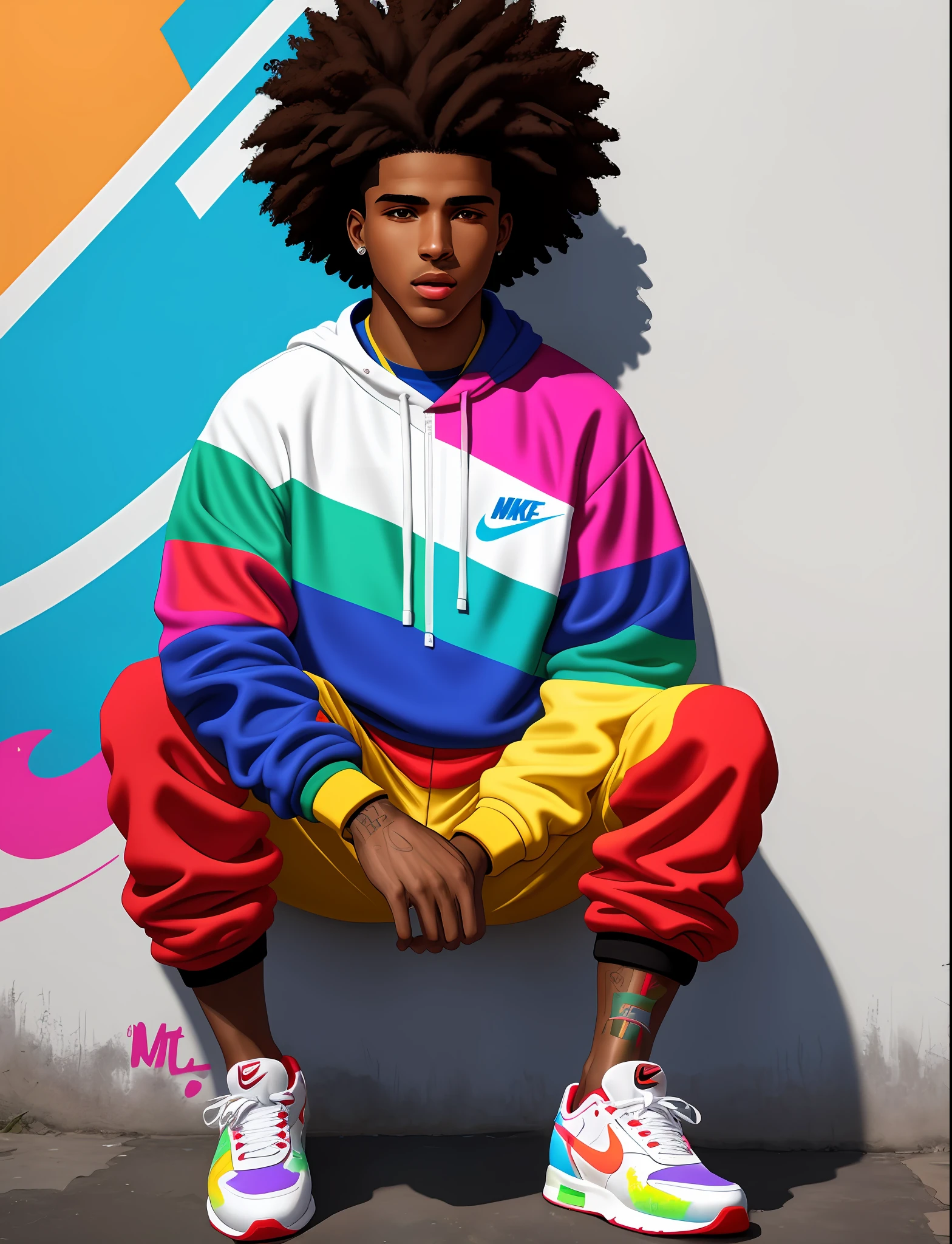 Graffiti painting, street art, 32k extremely detailed CG unit wallpaper, 32k landscape, artwork, masterpiece, best quality, amazing light brushstrokes, of a 20 year old Afro Brazilian athlete boy with black hair, Nike sneakers in graffiti style on a white wall with vibrant colors.