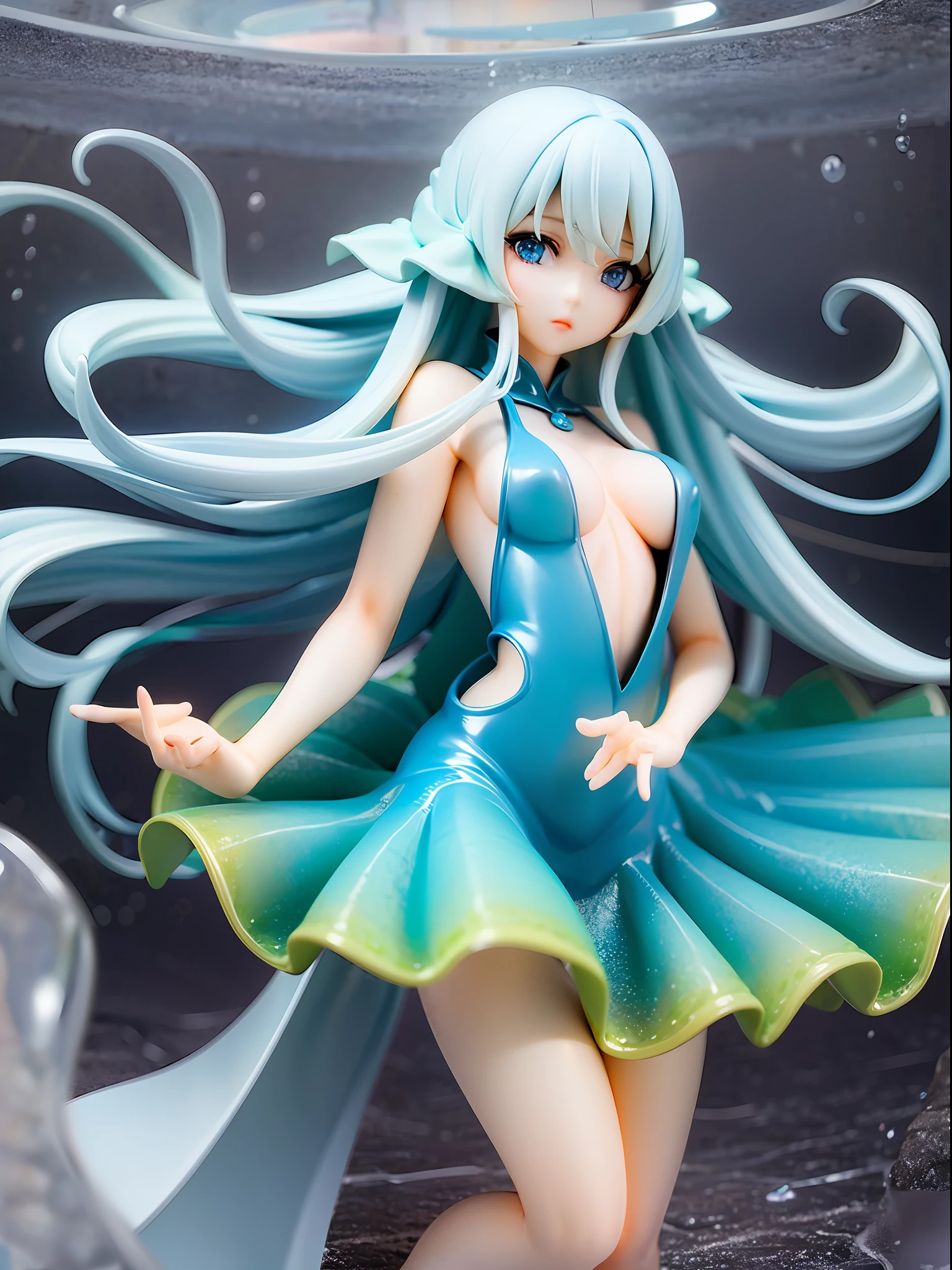 Ocean dance, girl, long light blue hair, vivid blue eyes, mysterious expression, transparent marine dress, jellyfish tentacles from feet, dress meld with tentacles, underwater dance pose, deep sea background, undefined gaze, average chest size,