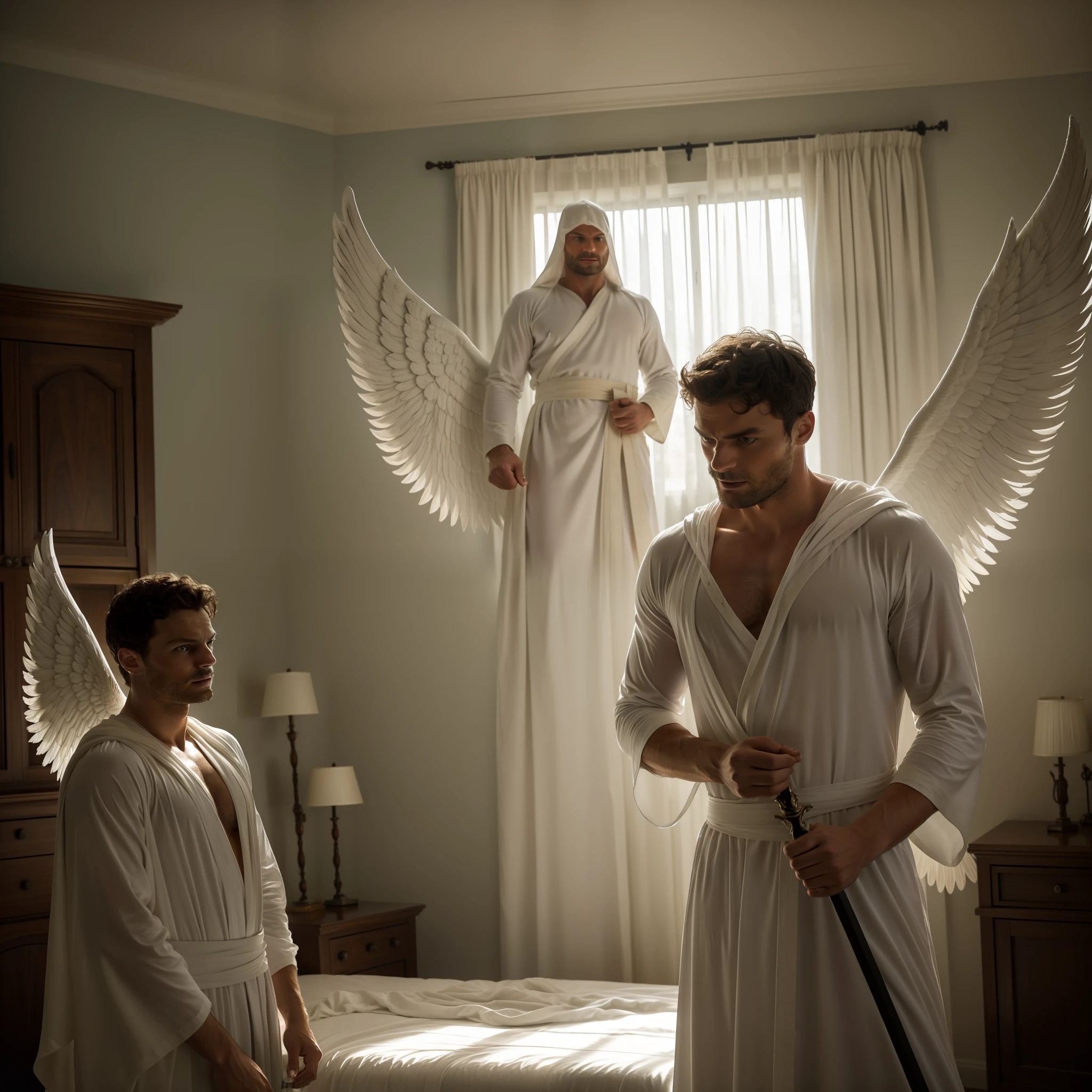 Archangel Michael and two heavenly angels fighting Lucifer in the bedroom of a house, many angels, angels protecting family, large white wings, holding flaming sword, white robe, around heavenly flames, Jamie Dornan Archangel Michael, Tom Ellis Lucifer, battle in the heavens, wearing short black beard, focus on the details of the face, coming out happy rays, serious and attractive man,  wearing white tunic, magical and real effect, movie cover, with magical light explosions, powerful celestial warrior, similar to actor Jamie Dornan, picture background inside a house in the bedroom, (8k, RAW photo, best quality, masterpiece: 1.2), (realistic, photorealistic: 1.37), professional lighting.