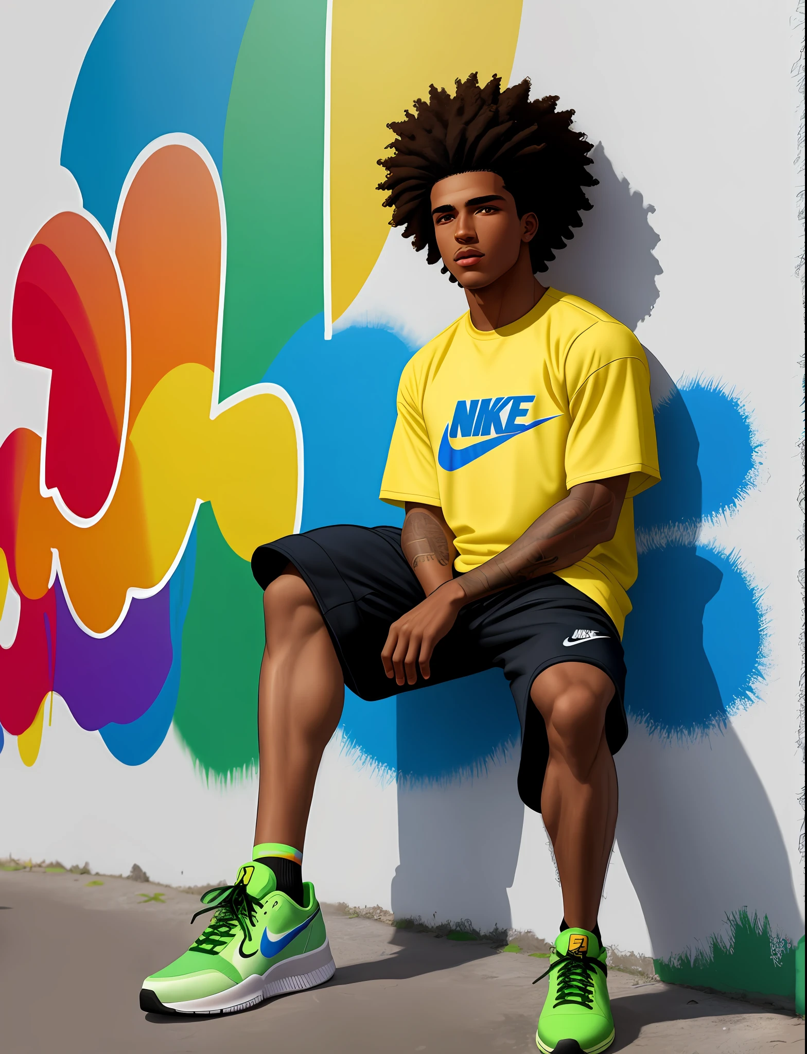 Graffiti painting, street art, 32k extremely detailed CG unit wallpaper, 32k landscape, artwork, masterpiece, best quality, amazing light brushstrokes, of a 20 year old Afro Brazilian athlete boy with black hair, Nike sneakers in graffiti style on a white wall with vibrant colors.