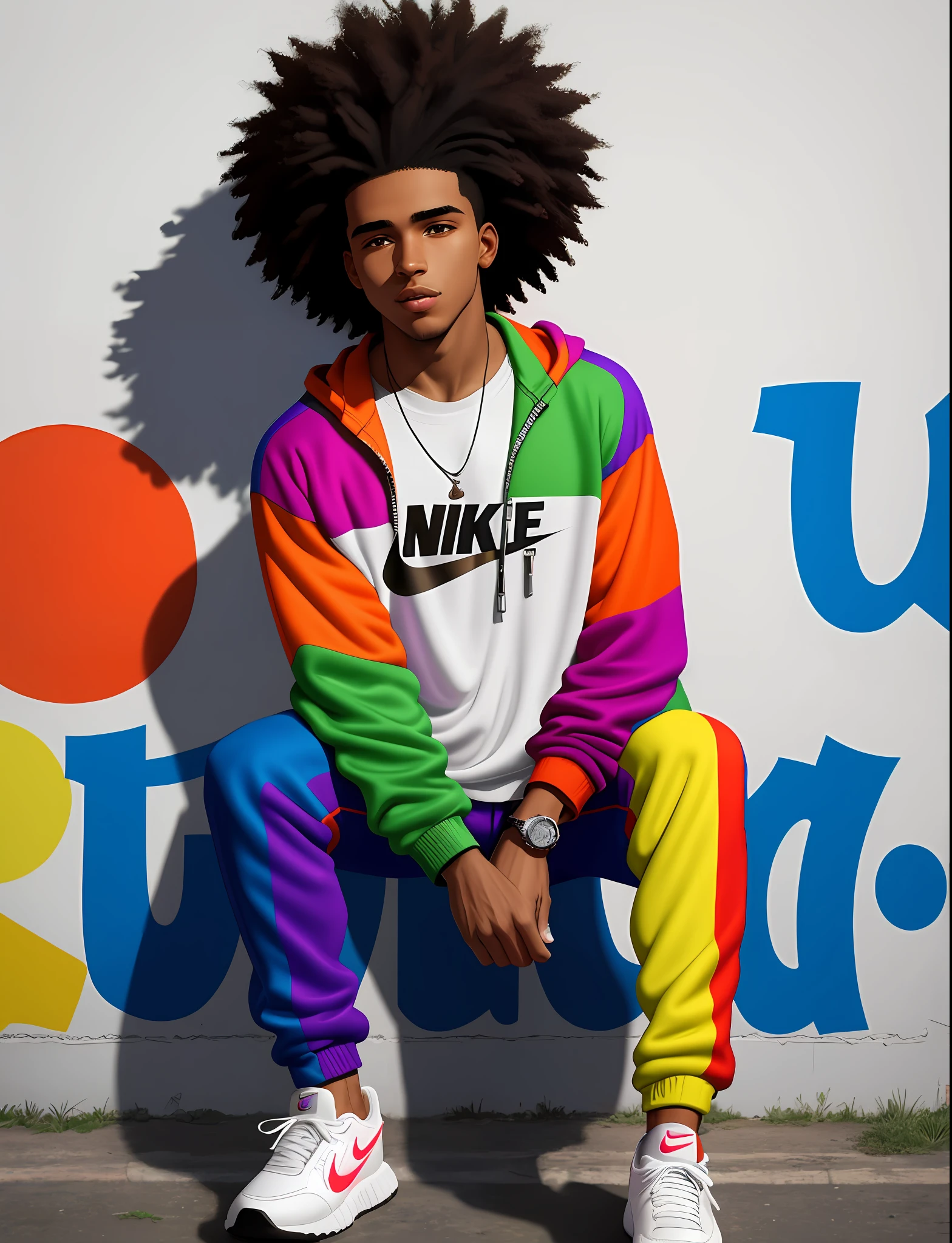 Graffiti painting, street art, 32k extremely detailed CG unit wallpaper, 32k landscape, artwork, masterpiece, best quality, amazing light brushstrokes, of a 20 year old Afro Brazilian athlete boy with black hair, Nike sneakers in graffiti style on a white wall with vibrant colors.