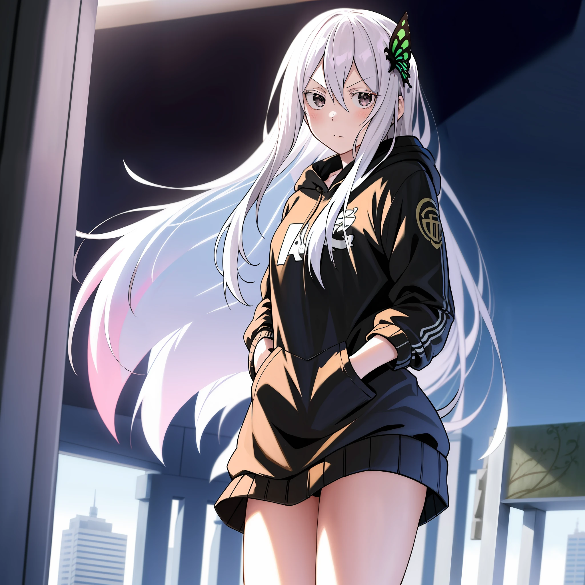 masterpiece,best quality,anime,2d,detailed eyes,
1girl, solo, butterfly hair ornament, hands in pockets, hair between eyes,very long hair, looking at viewer, city, white hair,hood down, bangs, standing, long sleeves, jacket, hoodie, blush, shirt,upper body, black eyes,colored eyelashes, white eyelashes,white eyebrows,