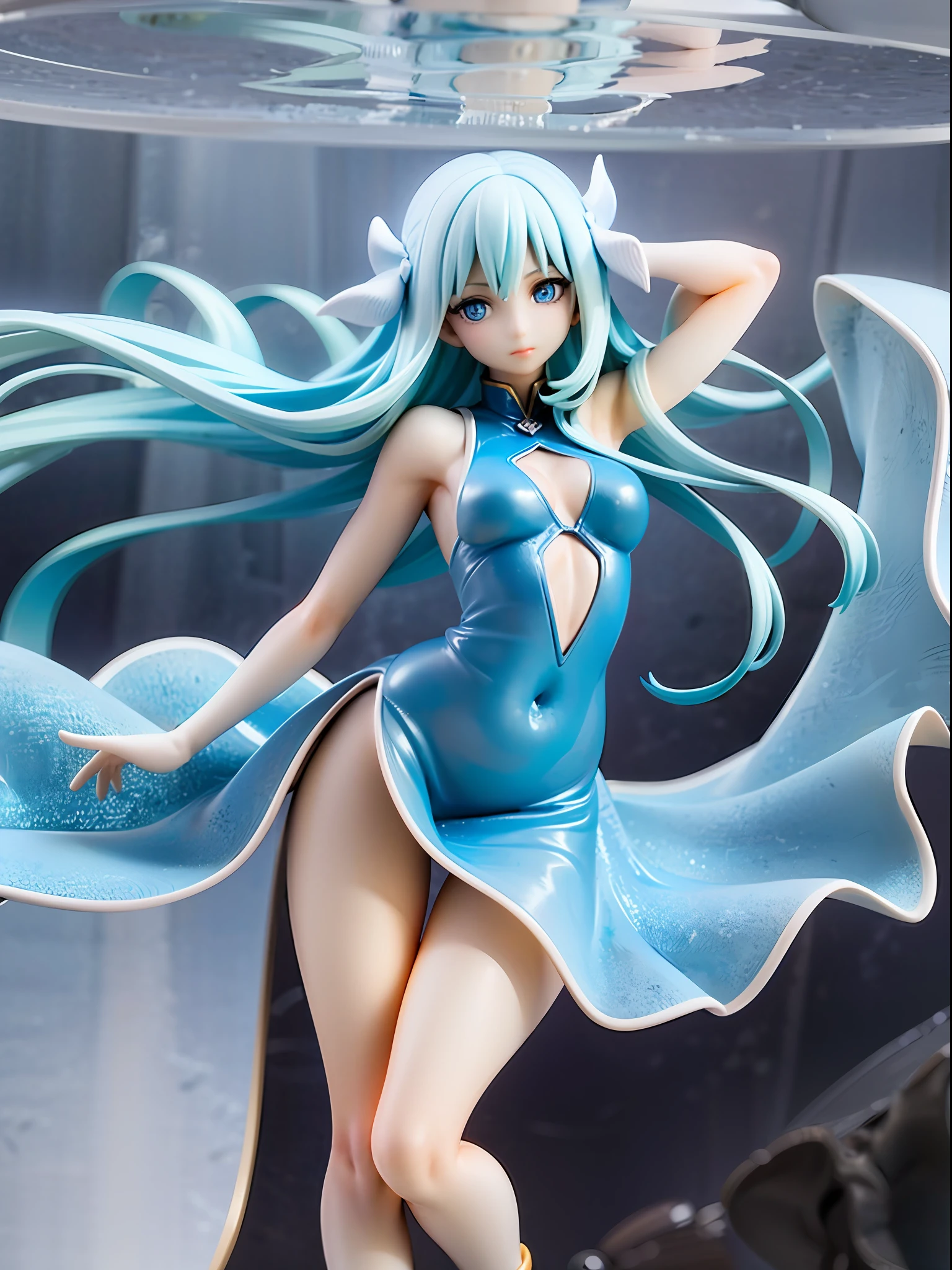 Ocean dance, girl, long light blue hair, vivid blue eyes, mysterious expression, transparent marine dress, jellyfish tentacles from feet, dress meld with tentacles, underwater dance pose, deep sea background, undefined gaze, average chest size,