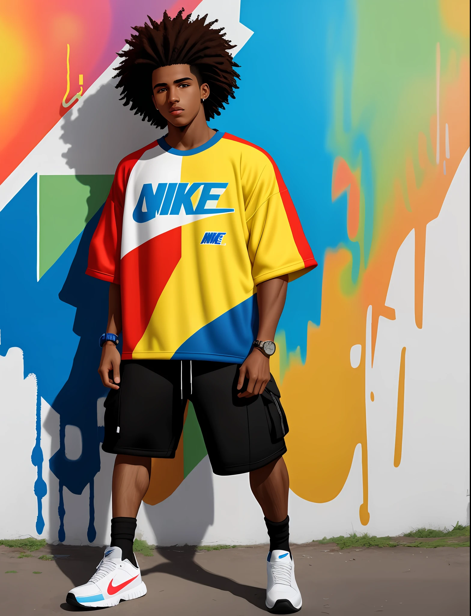 Graffiti painting, street art, 32k extremely detailed CG unit wallpaper, 32k landscape, artwork, masterpiece, best quality, amazing light brushstrokes, of a 20 year old Afro Brazilian athlete boy with black hair, Nike sneakers in graffiti style on a white wall with vibrant colors.