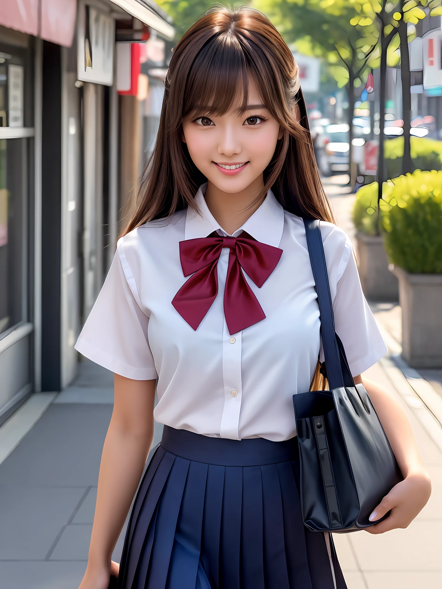 masterpiece, upper body shot, front view, a Japanese young pretty woman, standing in the crowd on the main street with a big smile, carrying a big tote bag on her shoulder, glamorous figure, wearing a short sleeves white collared silky shirt with shiny red satin plain bow tie, wearing a long length dark blue pleated skirt, hyper cute face, glossy lips, double eyelids in both eyes, Natural makeup, long eyelashes, shiny smooth light brown hair of medium length, asymmetrical bangs, tanned skin, in the classroom, head frame, central image, 8K resolution, high detail, detailed hairstyle, Detailed Face, spectacular cinematic lighting, octane rendering, vibrant, hyper realistic, perfect limbs, perfect anatomy