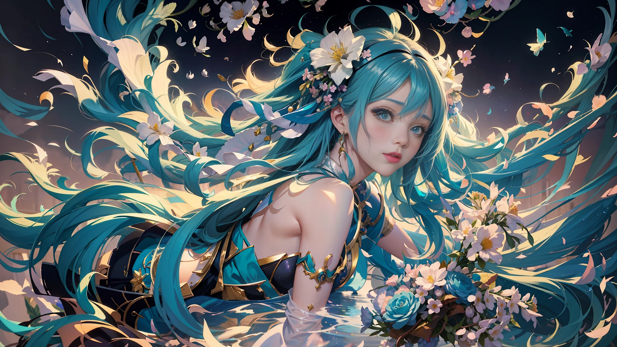 anime girl with blue hair and flowers in her hair, detailed digital anime art, trending on artstation pixiv, official artwork, beautiful anime artwork, digital art on pixiv, beautiful anime art, anime girl with teal hair, pixiv daily ranking, anime fantasy artwork, detailed anime art, portrait knights of zodiac girl, detailed anime artwork, anime art wallpaper 4k