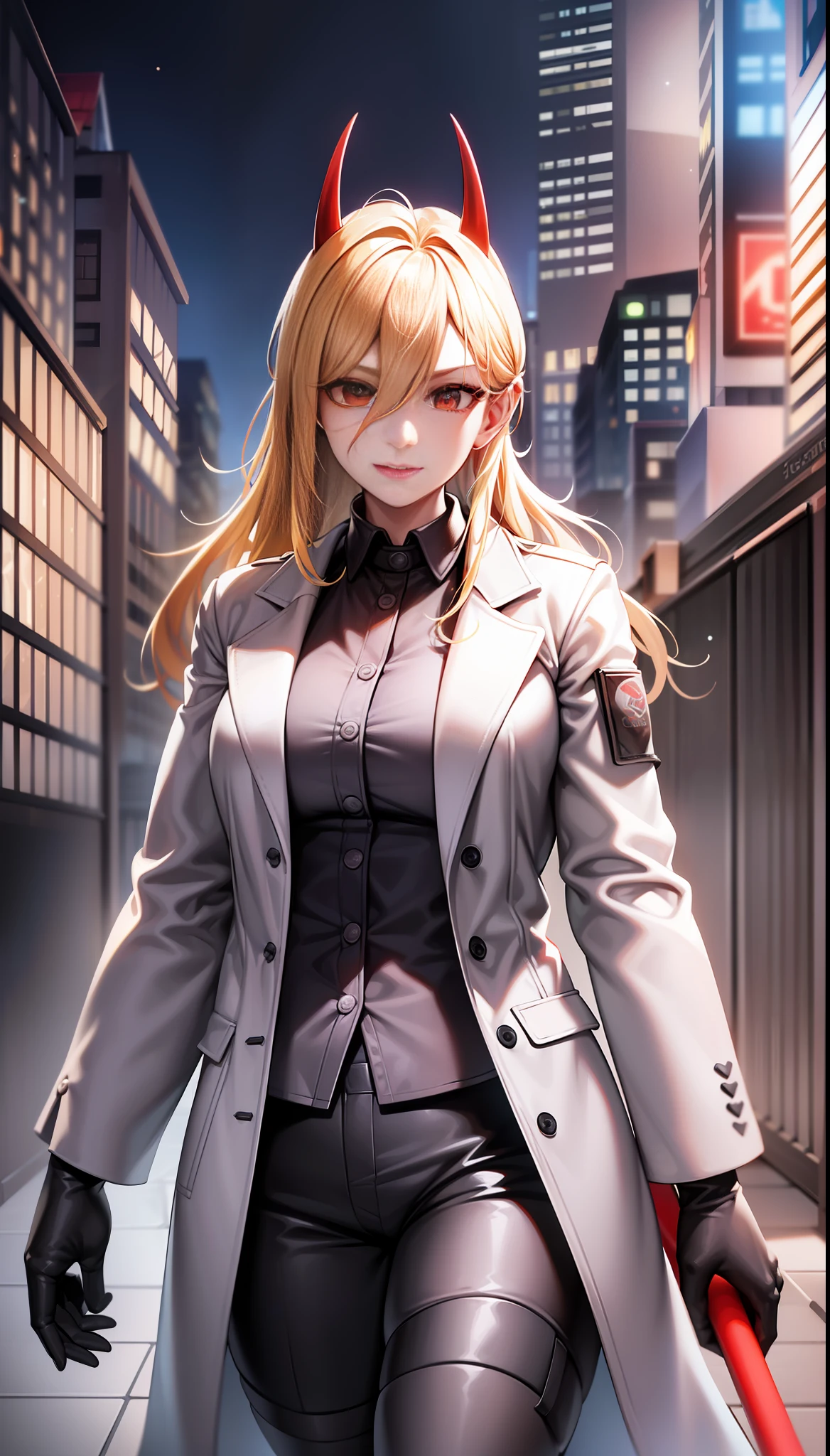 Pava, yellow hair, scythe in hand, red scythe in hand, red eyes (detailed depiction), evil smile, white shirt, black coat, trousers, (Shibuya: 1.4), (night light: 1.4), (thick body: 1.4), (long blonde hair: 1.4), HDR (high dynamic range), ray tracing, NVIDIA RTX, super resolution, Unreal 5, subsurface scattering, PBR textures, post processing, anisotropic filtering, depth of field ,maximum sharpness and sharpness, multi-layer textures, Albedo and specular mapping, surface shading, accurate simulation of light-material interactions, octane rendering, duotone lighting, low ISO, white balance, rule of thirds, large aperture, 8K RAW, (luminous particles: 1.4), {{masterpiece, best quality, extremely detailed CG, Unity 8k wallpaper, 3D, cinematic lighting, lens flares}},