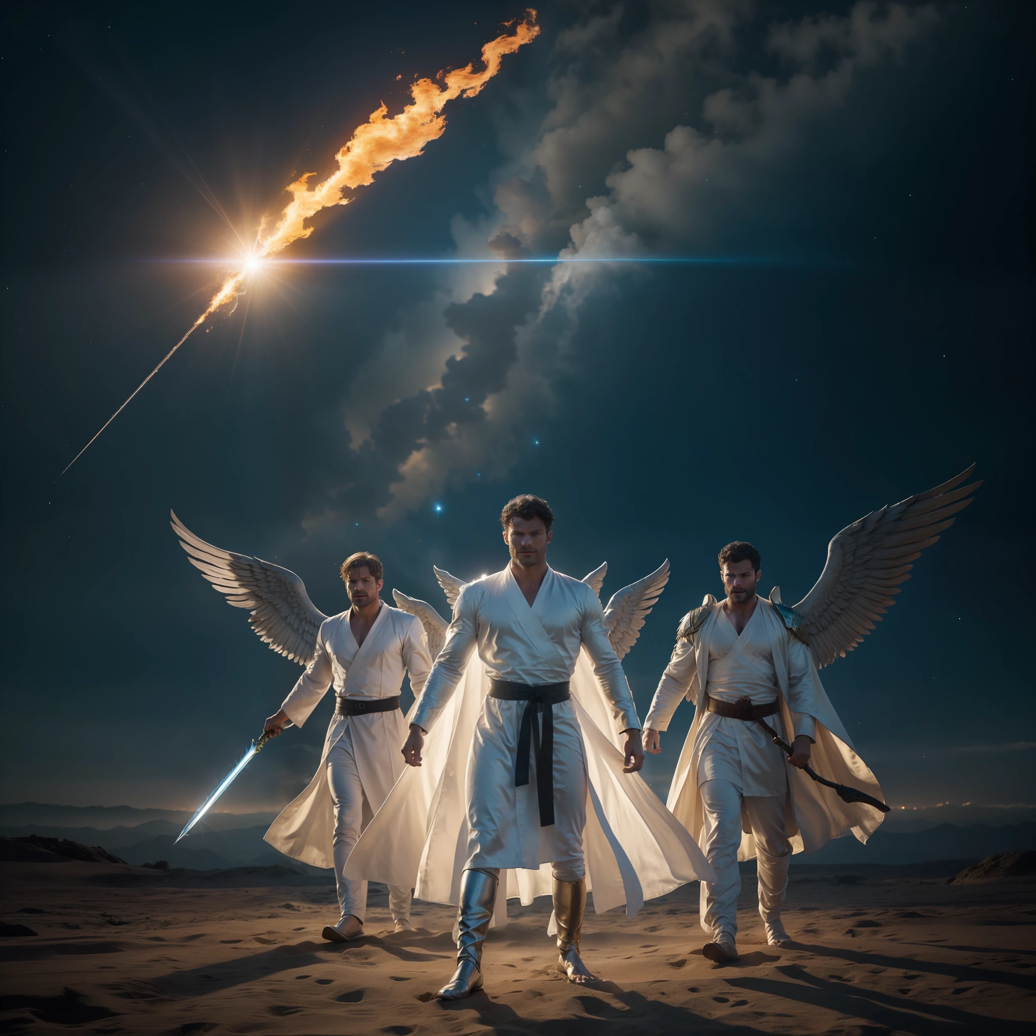 Archangel Michael and two heavenly angels fighting Lucifer in Heaven, many angels, great white wings, holding flaming sword, white robe, around heavenly flames, Jamie Dornan Archangel Michael, Tom Ellis Lucifer, battle in the heavens, wearing short black beard, focus on the details of the face, coming out happy rays, serious and attractive man, wearing white robe, magical and real effect, film cover, with magical light explosions, powerful celestial warrior, similar to actor Jamie Dornan, sky image background of outer space above planet earth, (8k, RAW photo, best quality, masterpiece: 1.2), (realistic, photorealistic: 1.37), professional lighting.