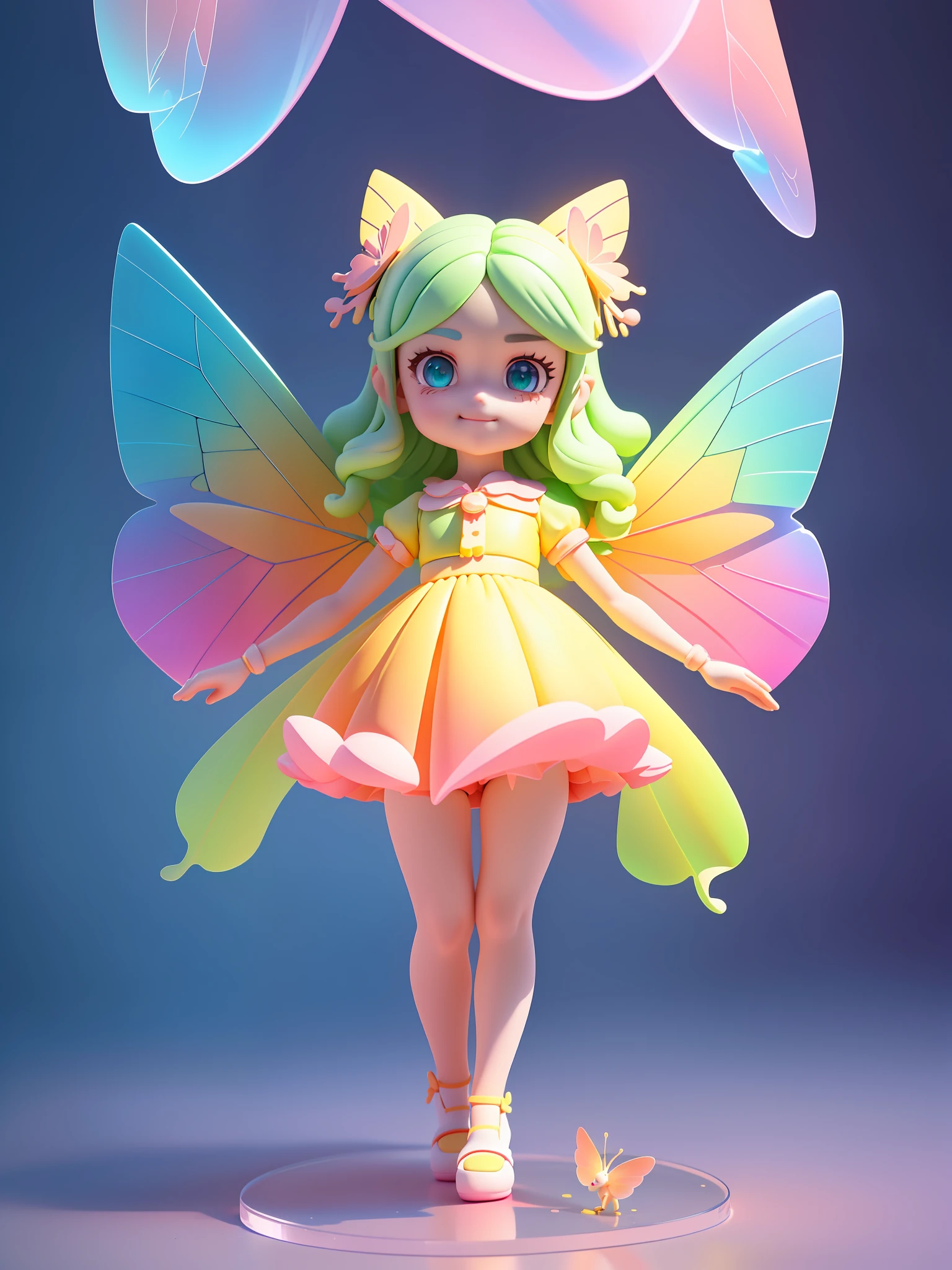 Detailed plastic material, (same character, front, side, back)) best quality, (very detailed model), (best quality), octane rendering, ray tracing, very detailed, 3D toy, exaggerated giant hair, girl (full body) (3D hair, cute hair accessories, ((kids)), beautiful eyes, cute big eyes, cute face, pink green gradient, drum skirt, cute skirt, chib, fluorescent translucent, colorful, plastic, children, transparent, product design, glowing jelly, Delicate and cute plastic, beautiful light and shadow 3D, digital art, translucent plastic bubblegum, close-up, 3D, super detailed, generate front view, side view, rear view three views, borderless, c4d, Octane rendering, Blender, HD, full body, simple background! Butterfly wings) (((body symmetrical left and right))) (smile) (full body portrait) (skirt to knee) (butterfly fairy) (fly up) (a girl) (face light) (skirt to knee) (skirt to knee) (skirt covers thighs) (and detailed details) (masterpiece) (stand up straight) (beautiful butterfly wings) (translucent) (glow)