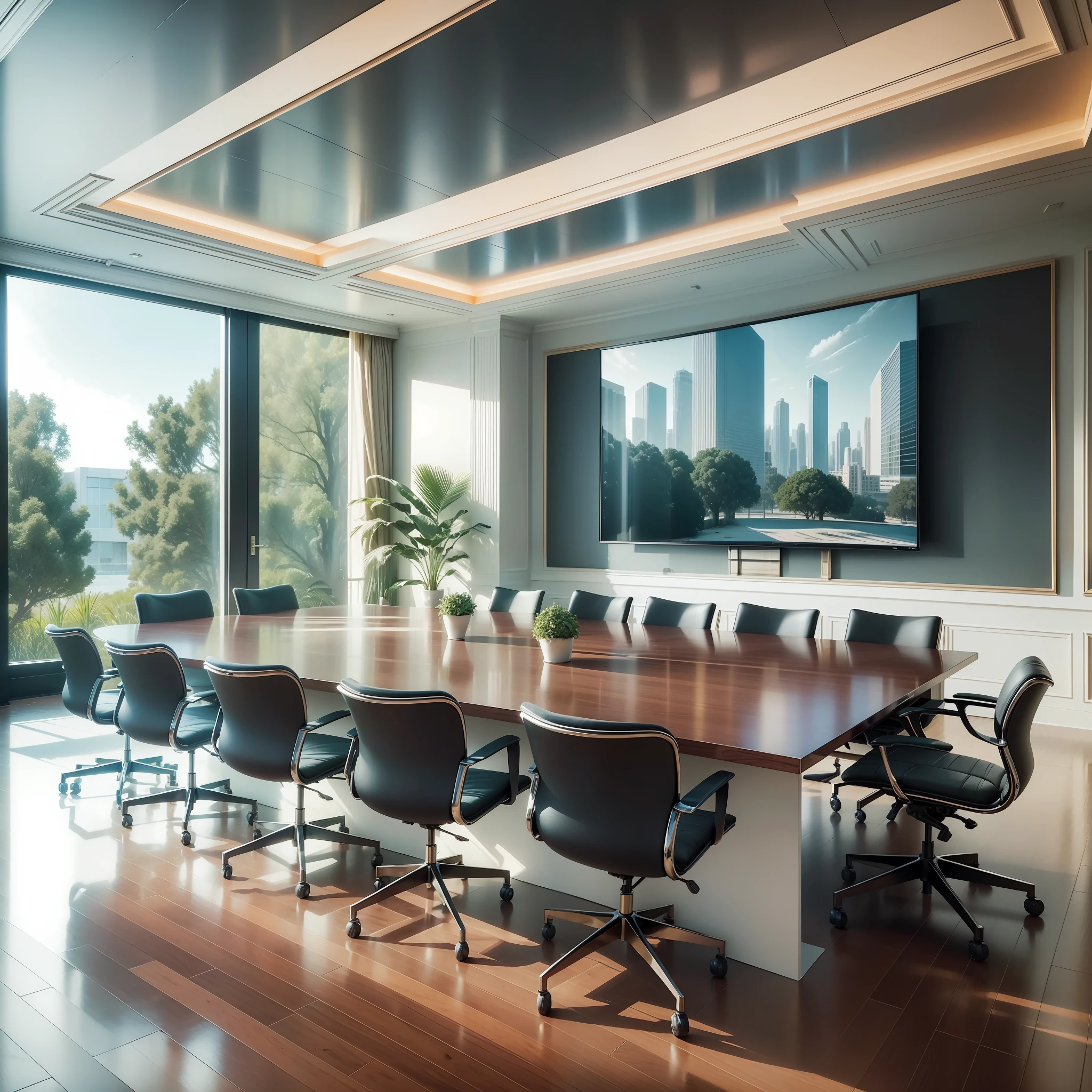 Architectural Digest's photo is of a modern style conference room, open oversized TV screen, (with plants inside: 0.1), white wainscoting, solid wood furniture, top LED light film, surrealist surrealism, award-winning masterpiece, incredible detail, epic stunning, wide shot, vanishing point, 8K