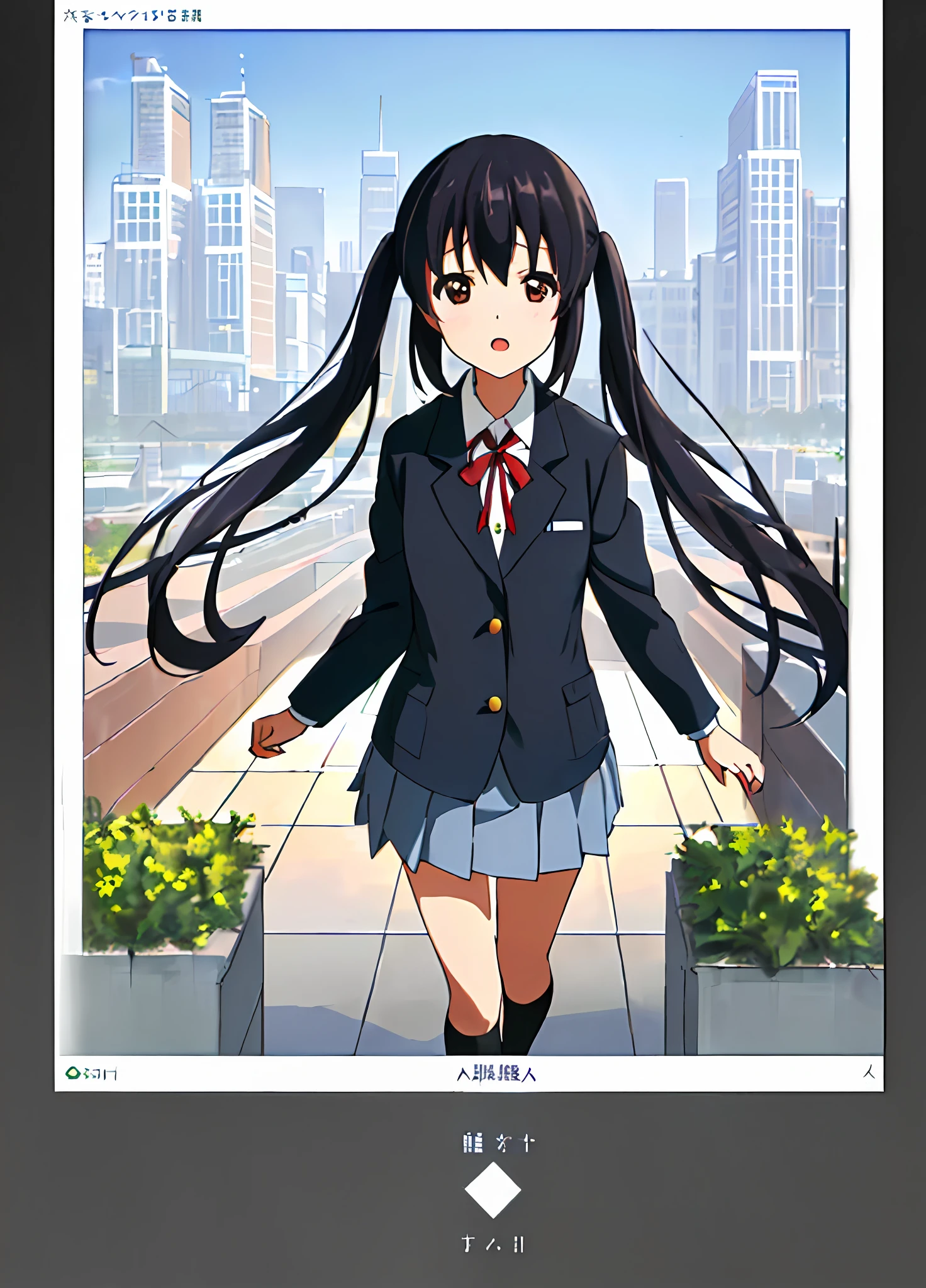 1girl, ((((Masterpiece))), Best Quality, Best Quality, High Detail, Azusa Nakano, 1girl, Sakuragaoka High School Uniform, Musical Instrument, School Uniform, Twin Tails, Long Hair, Black Hair, Brown Eyes, Solo, Red, Dark blue blazer with a thin ribbon of red, Solid white button shirt under blazer, Illustration, Cartoon, Soothing tones, Muted colors, Soft cinematic light, Adobe Lightroom, Photo Lab, HDR, complex and highly detailed, (((depth of field))))). (((Masterpiece))). (((highest quality))).) ((super detail))). (((Illustration))). (((Outside))). (((fighting stance))).,((((Giantization))).dynamic focus.small breasts. (((skyscrapers))). (((Cityscape))). (((Face of sadness))). open mouth.