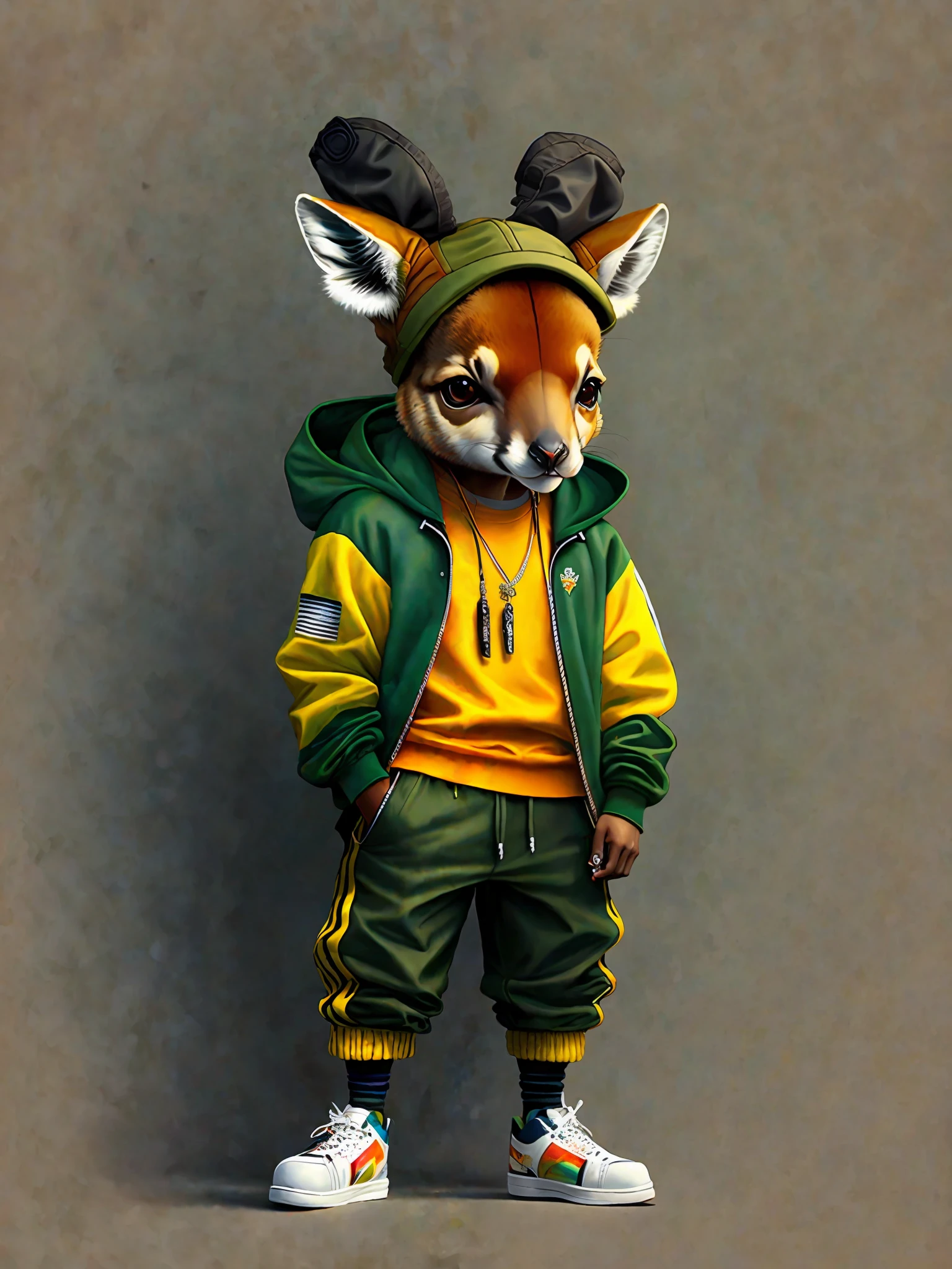 a painting of a kangaroo cap, trend in art station, dressed in hip hop clothes, detailed hyper realistic rendering, gang member, street style, intimidating pose, kangaroo planet, fashionable clothes,urban, Slavic features