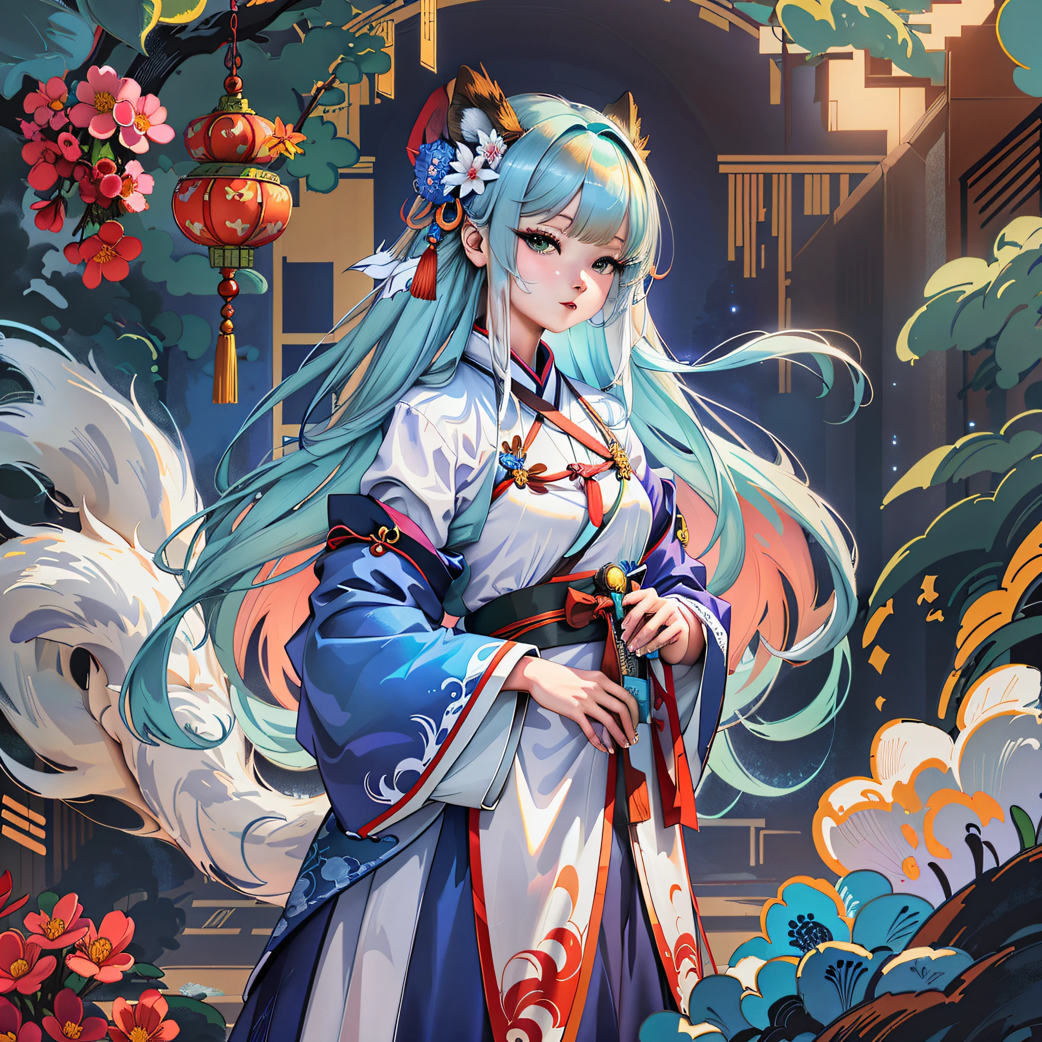 Anime girl standing in front of building in blue and white dress, anime style 4 K, anime art wallpaper 8 K, anime art wallpaper 4 K, anime art wallpaper 4K, Onmyoji detailed art, Onmyoji portrait, colorful fox city, palace, girl in Hanbok, popular on ArtStation Pixiv, a beautiful fox woman with white tail behind