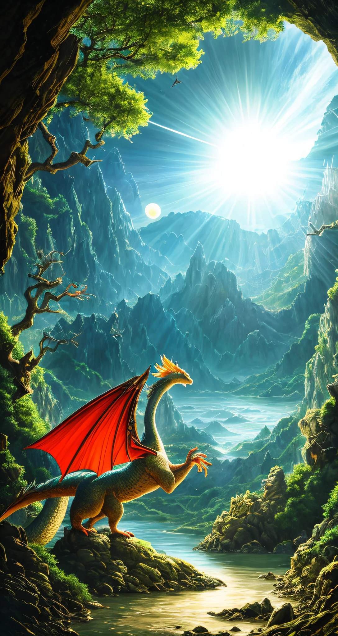 When the sun slowly sets and a bright moon hangs above the dome of the sky, the stars shone faintly. Deep in an ancient and mysterious forest, dense branches and vines interweave into a labyrinth of passages.
At the center of the picture is a majestic mountain with clouds and mist, as if connected to the sky, which makes you marvel at the magic of nature. At the foot of the mountain is a verdant meadow with flowers in full bloom and bursts of fragrance.
Suddenly, a gorgeous phoenix flew out of the cave, its feathers were as colorful as flames, its wings flapping gently, emitting mysterious energy fluctuations. The phoenix hovered in midair, and the surrounding air seemed to come alive with its presence.
The arrival of the phoenix attracted the attention of other creatures. Out of the forest came a solemn and mighty white lion, which exuded an unparalleled royal momentum. The lion walked leisurely, illuminating the entire forest with the light emanating from its steps.
At this moment, a huge river rolled over, and the river was choppy as if it had endless power. In the river inhabits the mysterious water dragon, its blue scales shimmering with a ghostly light, and the huge dragon's head opens to reveal its sharp teeth.
The three meet in the center of the picture, and the energy they emit is intertwined to form a dazzling beam of light that crosses the sky and illuminates the entire world. It is a mythical picture that shows the harmonious coexistence between magical creatures and nature, as well as the presence of mysterious forces.
This scene idea can be used to depict the beginning of the mythical story, allowing the audience to enter a world full of fantasy and imagination, feeling the mystery and beauty, but also arousing the awe of nature and life.
