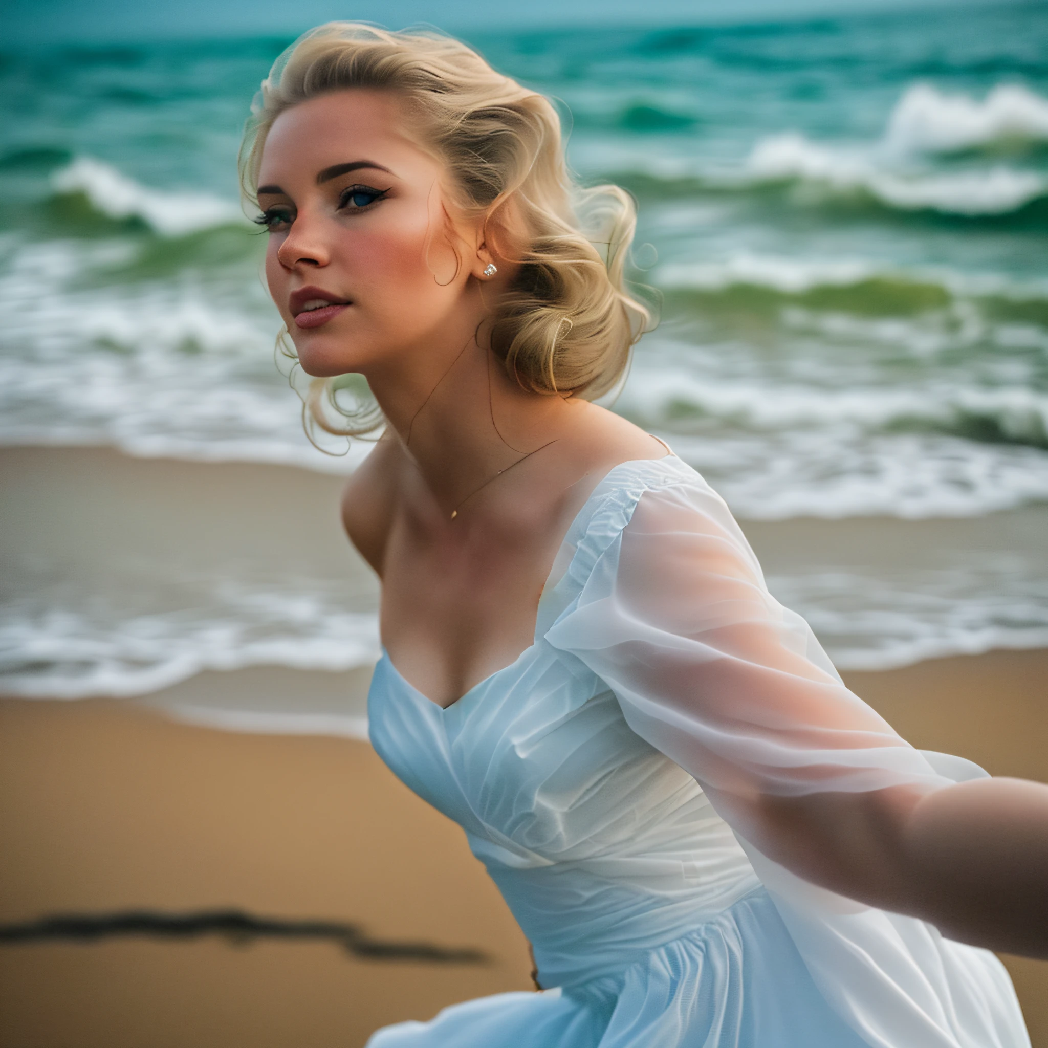 A woman in a dress, real photo, rich in detail, HD, art photography, sea in background