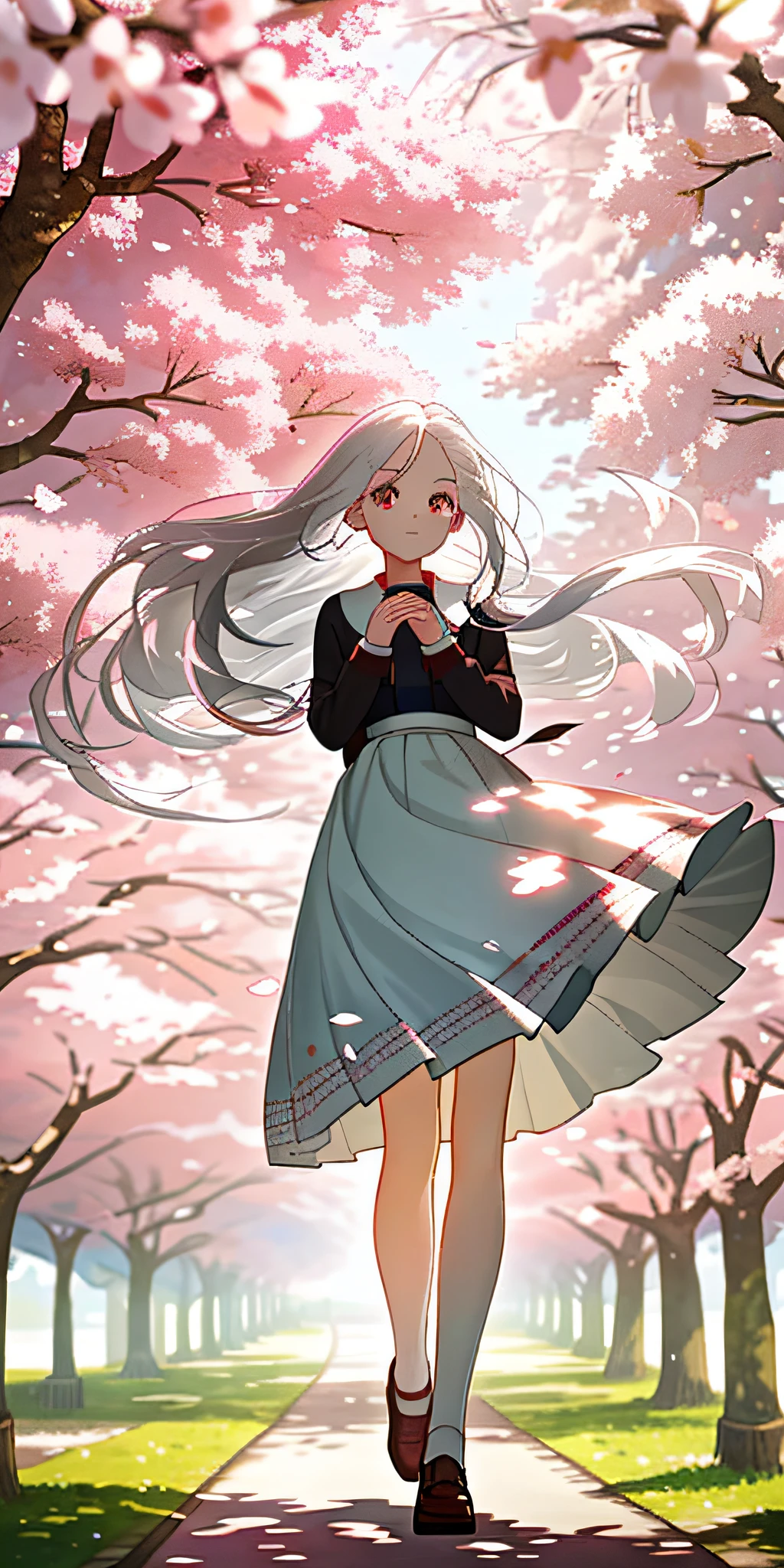 (Masterpiece, best quality), 1 long girl with white hair standing under a cherry blossom tree, her hands under her chin, warm light, white dress, cherry blossoms falling, skirt swaying