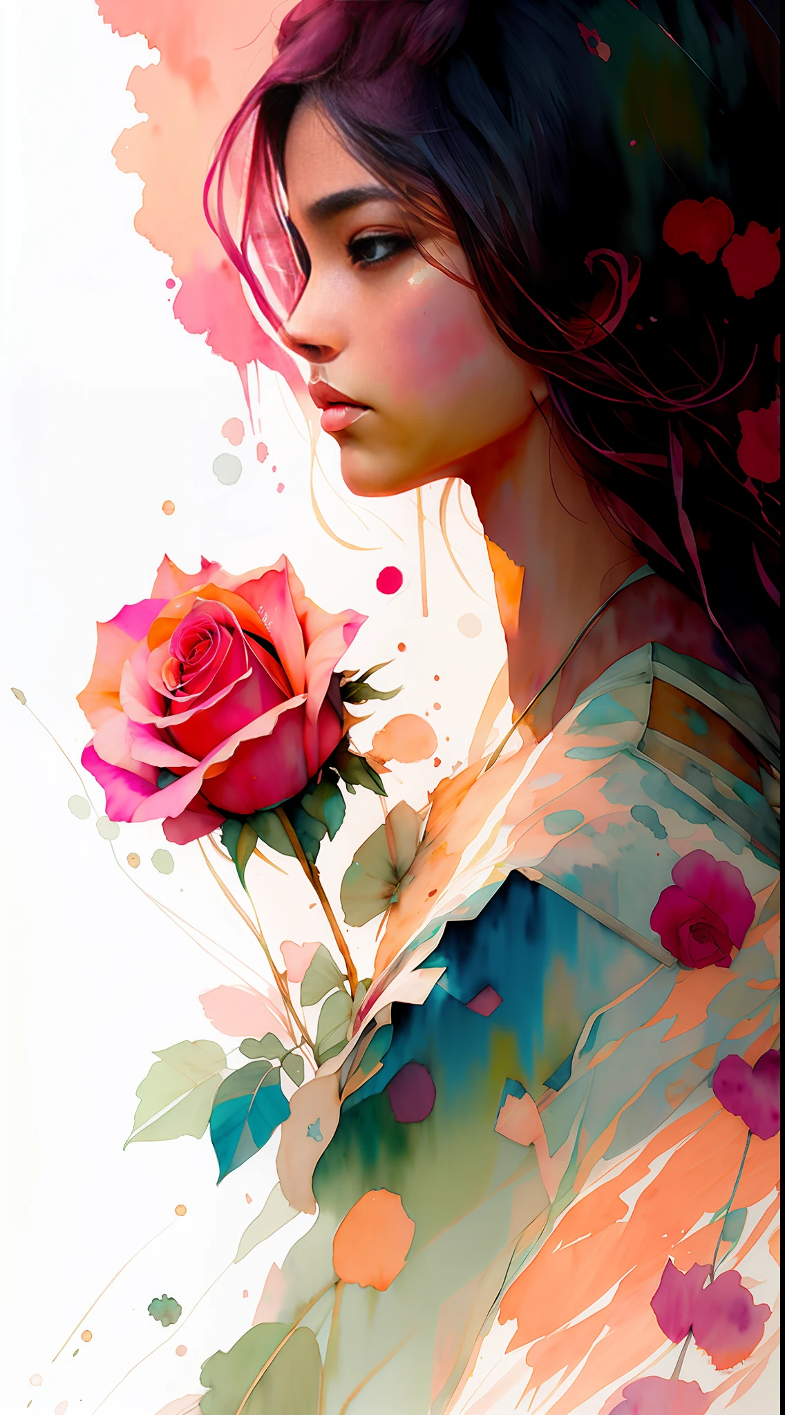 wtrcolor style, (rose) digital art, official art, blown by the wind, masterpiece, beautiful, ((watercolor)), paint splatter, intricate detail. Great detail, [dripping:0.7], Trending on Artstation, Rachel Walker