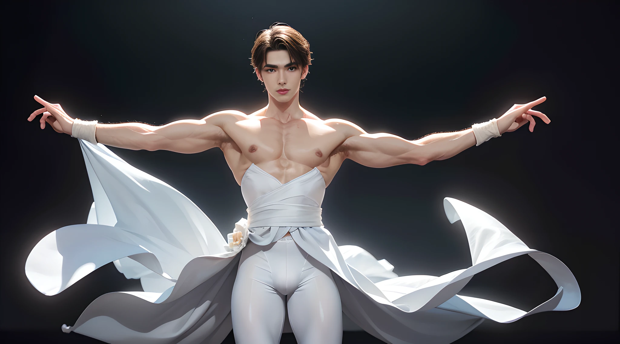 (one men), (head shot), a male handsome muscular ballet dancer, and male ballet dancer performing in Swan Lake has an impressive appearance. he has a tall and lean physique, long and graceful limbs, and seem to glide effortlessly across the stage. his strong and sculpted muscles is evident reflecting the years of training and discipline he has dedicated to his art. his posture is impeccable, with a straight back and a raised chest, exuding grace and calmness. his face is expressive and convey different emotions when drawing the characters he embody. With his precise and fluid movements, he captivate the audience, his artistry and skill (large male genitalia under white tights), (bulge from white tights), mischievous smile, (details: 1 1), natural muscles, high quality, beautiful eyes, (detailed face and eyes), (faceless: 1 2), noise, real photography、... PSD, Sharp Focus, High Resolution 8k, Real & Professional Photography, 8K UHD, Soft Lighting, High Quality, Film Grain, FUJIFILM XT3