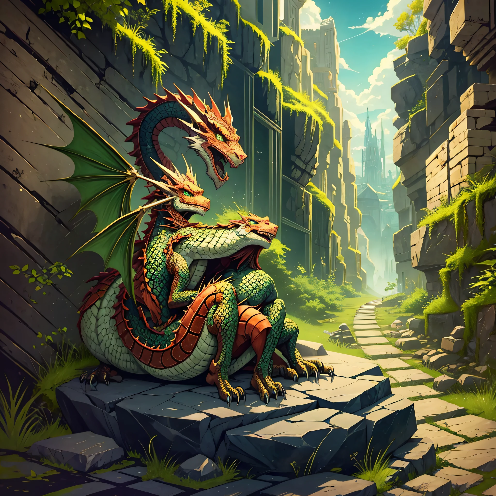 Dragon and Junior The boy sits on a stone --auto --s2