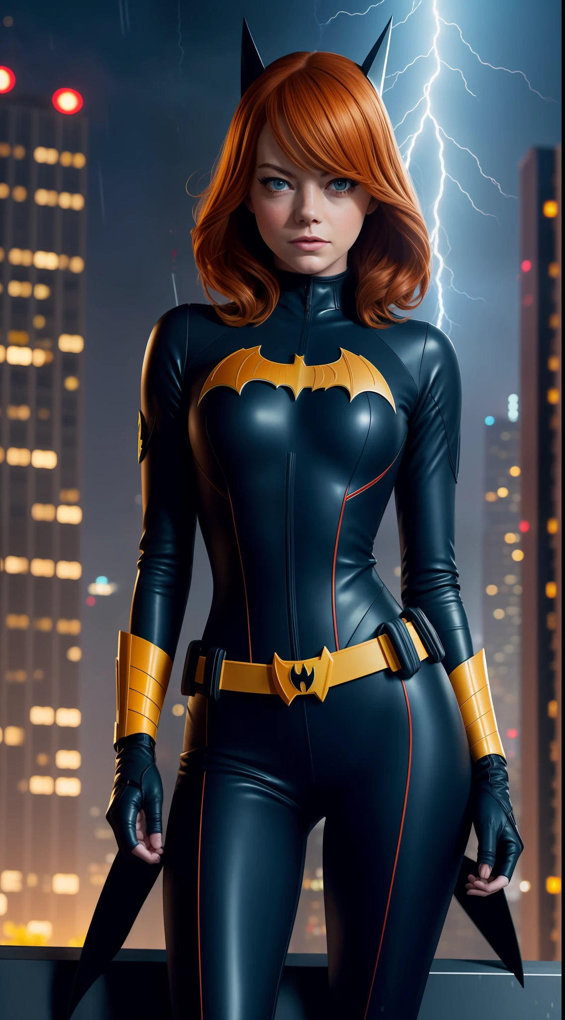 Emma Stone, beauty, Batgirl clothes, Batgirl cosplay, full body photo, prominent figure, standing on the edge of a skyscraper, night, photo (Masterpiece) (Best quality) (Detail) (8K) (HD) (Wallpaper) (Cinematic lighting) (Sharp focus) (Intricate), sexy, rain, wet, lightning, wind effect, best quality, ultra high resolution, photorealistic, full body portrait, incredibly beautiful,  dynamic poses,