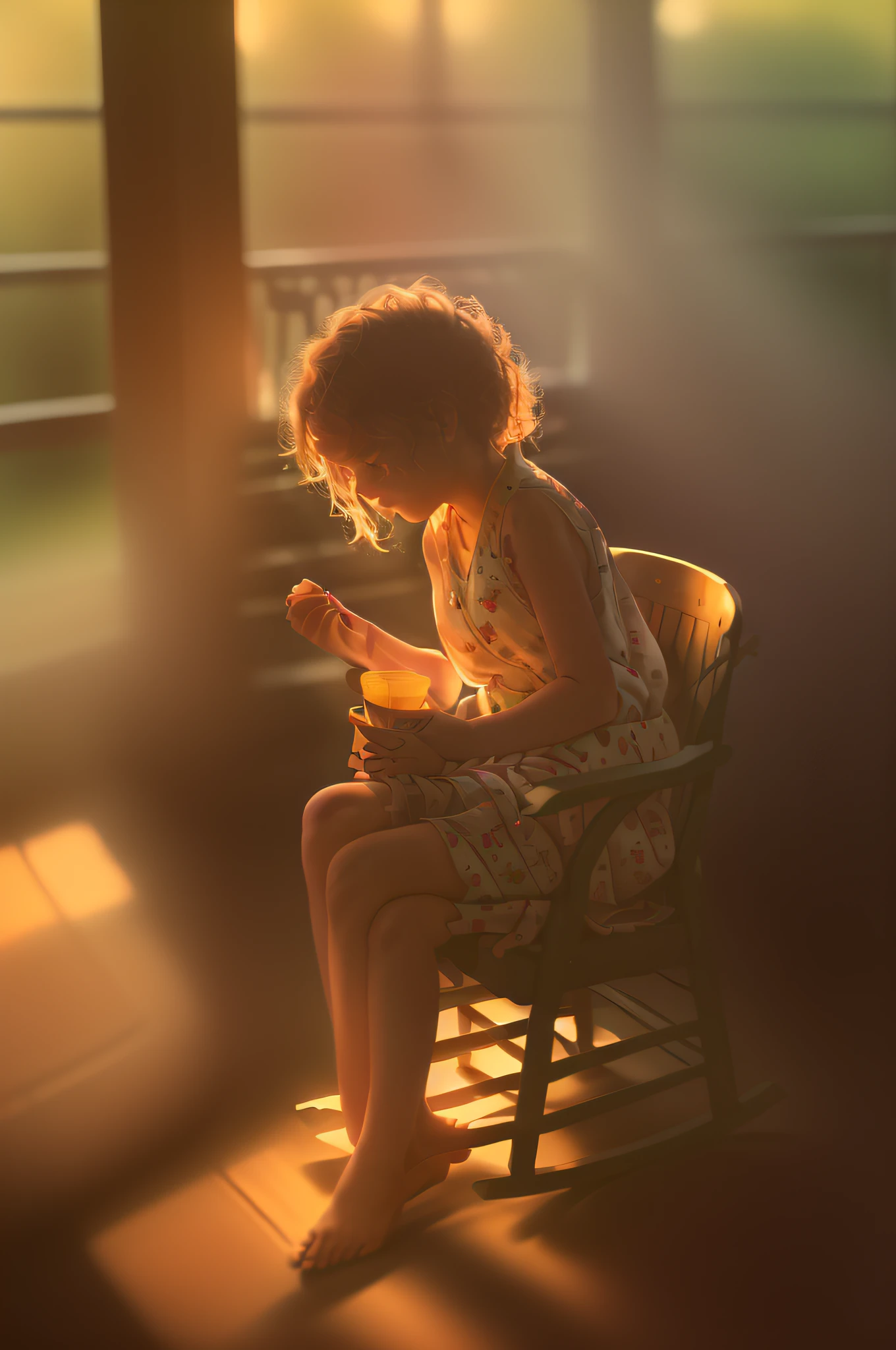 closeup of irish albino girl in rocking chair during pastel sunset in tanktop and messy hair at southern porch with fireflies dust and porch lights summerevening humid dramatic lighting with light and shadows patterns on skin style of sally mann in color nostalgia