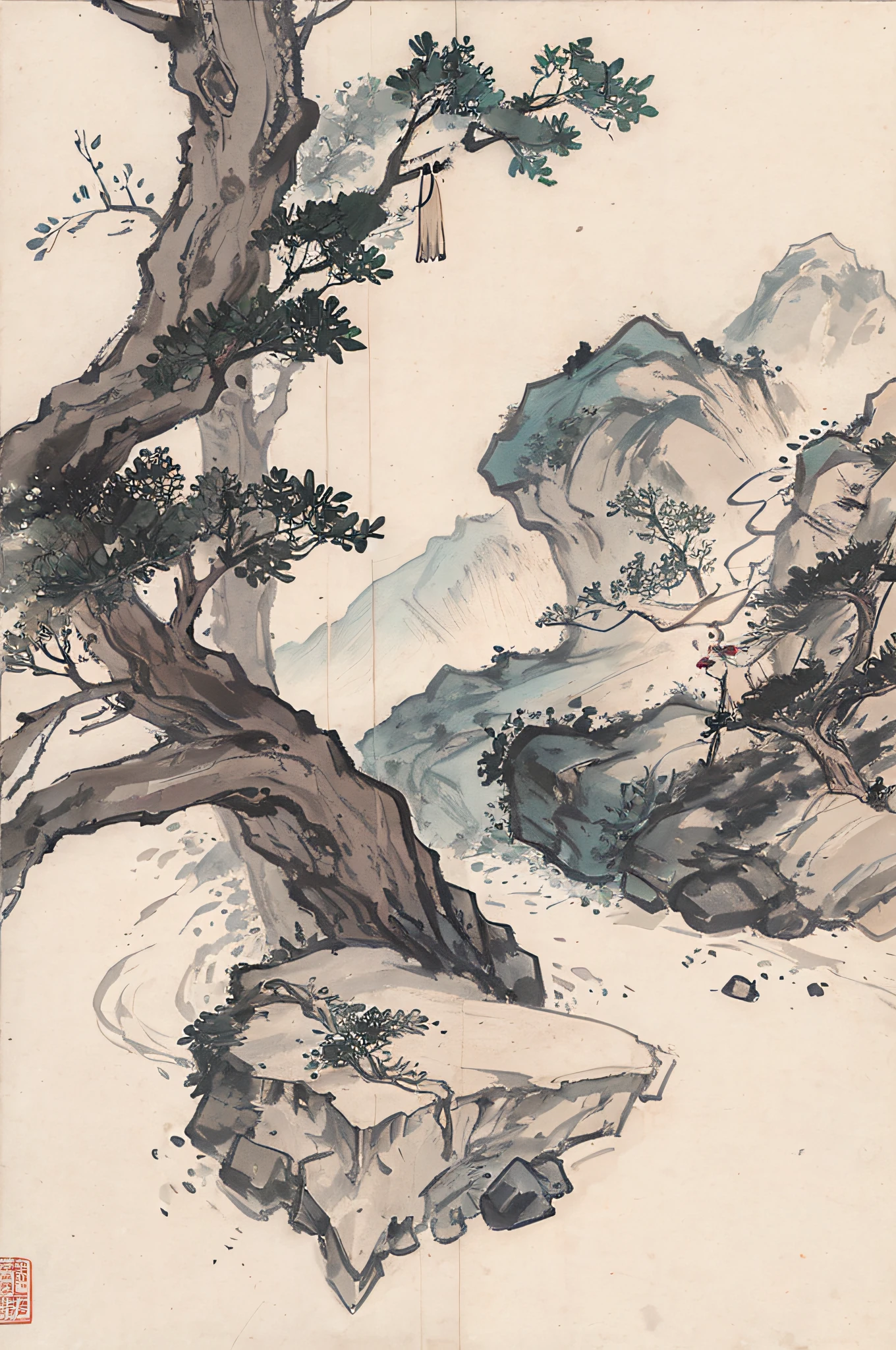 (Masterpiece, best quality: 1.2), traditional Chinese ink painting, green mountains, rivers, simple composition