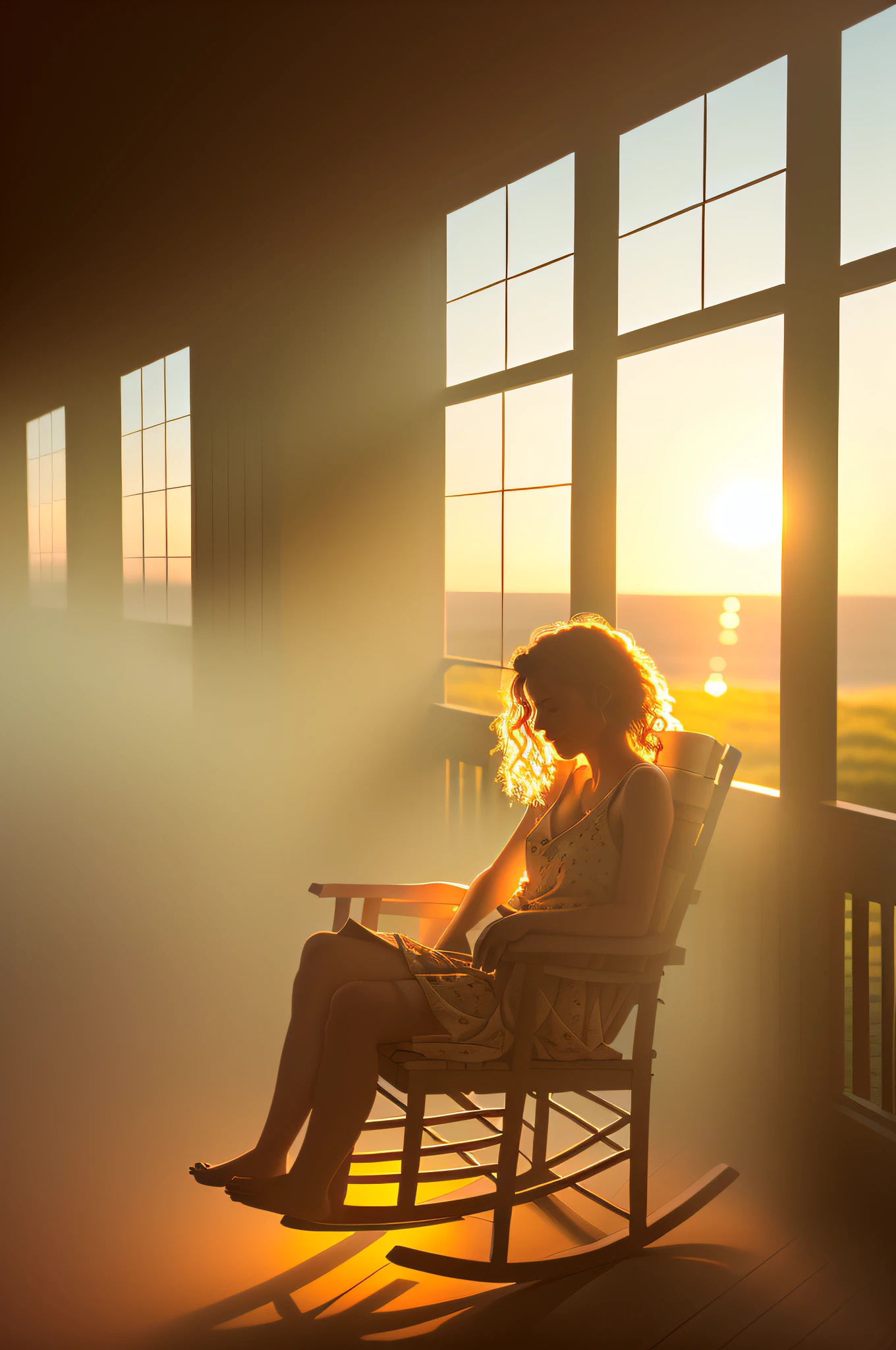 closeup of irish beautiful naked woman in rocking chair during pastel sunset in tanktop and messy hair at southern porch with fireflies dust and porch lights summerevening humid dramatic lighting with light and shadows patterns on skin