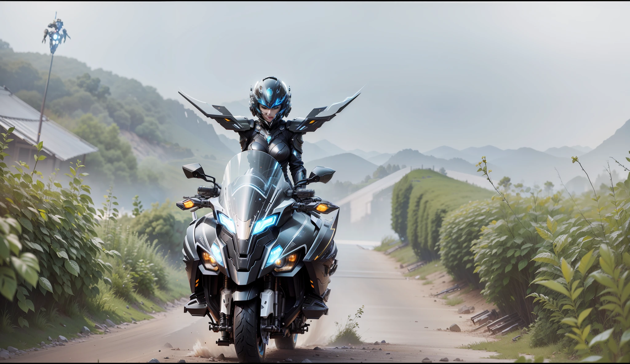 Cyber Warrior Woman and Cyber Mechanical Motorcycle, Full Body Exquisite High-Tech Armor, Exquisite Black Tech Helmet, Nousr, Biomechanics, MSHN Robot Man, High-Tech Helmet, Surreal, Steel, Intricate Design, Crazy Details, Fine Details, Extremely Clear Lines, Cinematic Lighting, Photo Realistic, Detailed Masterpiece