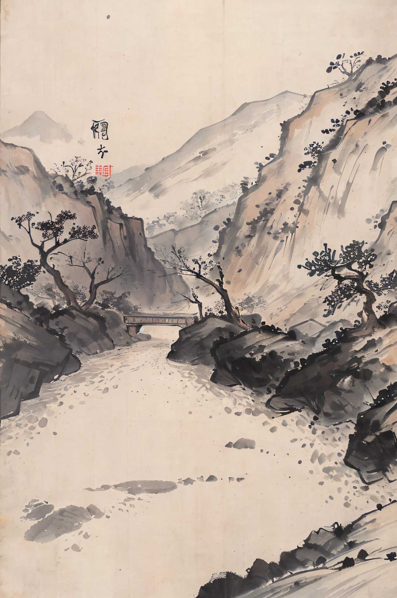 (Masterpiece, best quality: 1.2), traditional Chinese ink painting, green mountains, rivers, simple composition