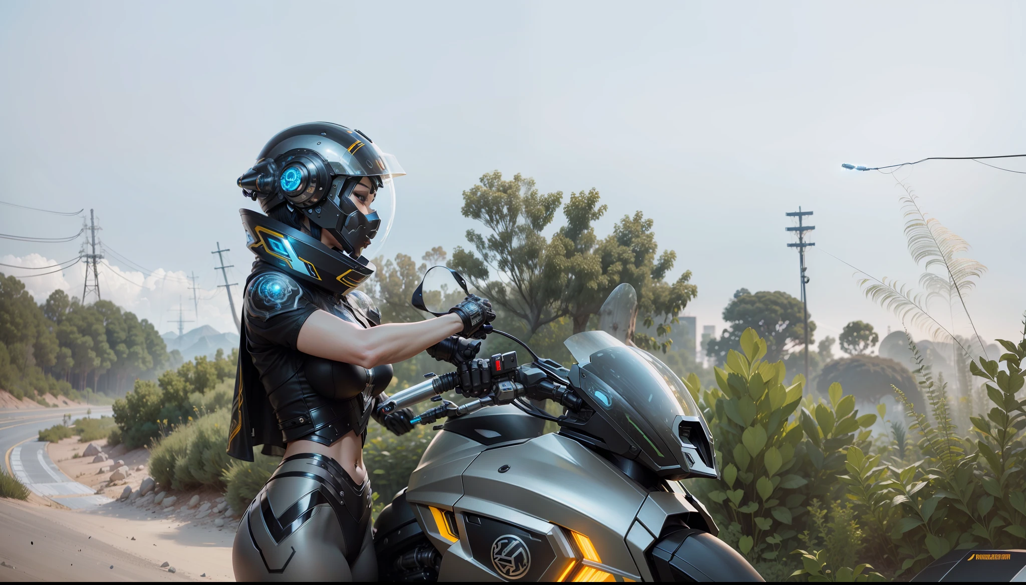 Cyber Warrior Woman and Cyber Mechanical Motorcycle, Full Body Exquisite High-Tech Armor, Exquisite Black Tech Helmet, Nousr, Biomechanics, MSHN Robot Man, High-Tech Helmet, Surreal, Steel, Intricate Design, Crazy Details, Fine Details, Extremely Clear Lines, Cinematic Lighting, Photo Realistic, Detailed Masterpiece