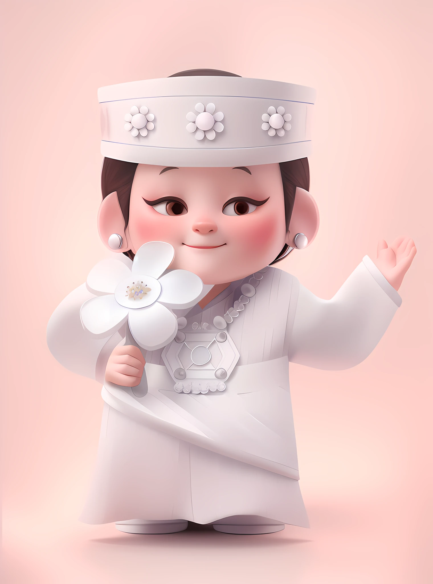 Cartoon character woman in traditional dress holding white flowers with round silver earrings on her ears, traditional Thai costume, Chinese costume, flower prince coronation, Han girl, Hanfu girl, fine details, white clean background