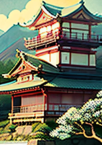 In the background is a picture of the building, a photograph inspired by Toshi Yoshida, pixiv, ukiyo-e, detailed landscape - width 672, Japanese temple, landscape artwork, Japanese temple, Nakagen festival, landscape art detailed --auto --s2