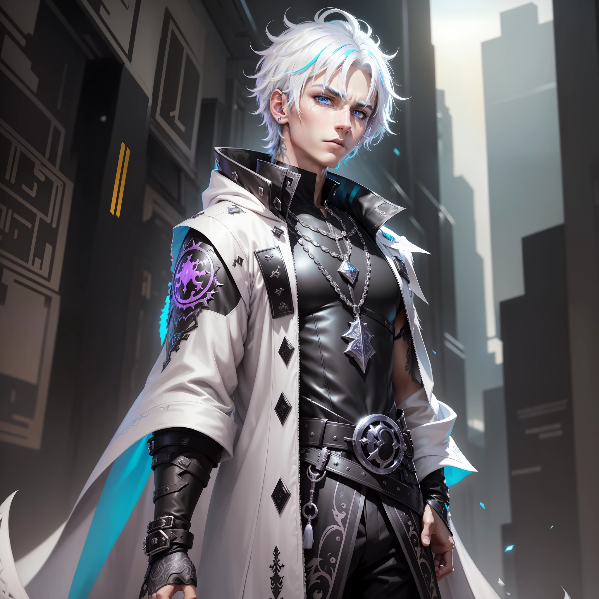 Male cyberpunk, fantasy world, dark background, clean design, epic instagram, artstation, colorful ink splashes, silhouette, hyper detailed intricate details, unreal engine, fantasy, intricate details, home screen, complementary colors, fantasy concept art, 8k resolution, deviantart masterpiece, oil painting, heavy strokes, ink drips, (isolated on white background: 1.3), rainbow skin, (((cute young man))), ((: 1.5) ), (blue eyes ), ((clear eyes)), ((((short white hair: 1.1)))), ((black clothes)), (prince\\(indifferent expression\\),(((Wears luxurious black tunic with high details))), white hair, ice magic, ((chest) --v 6