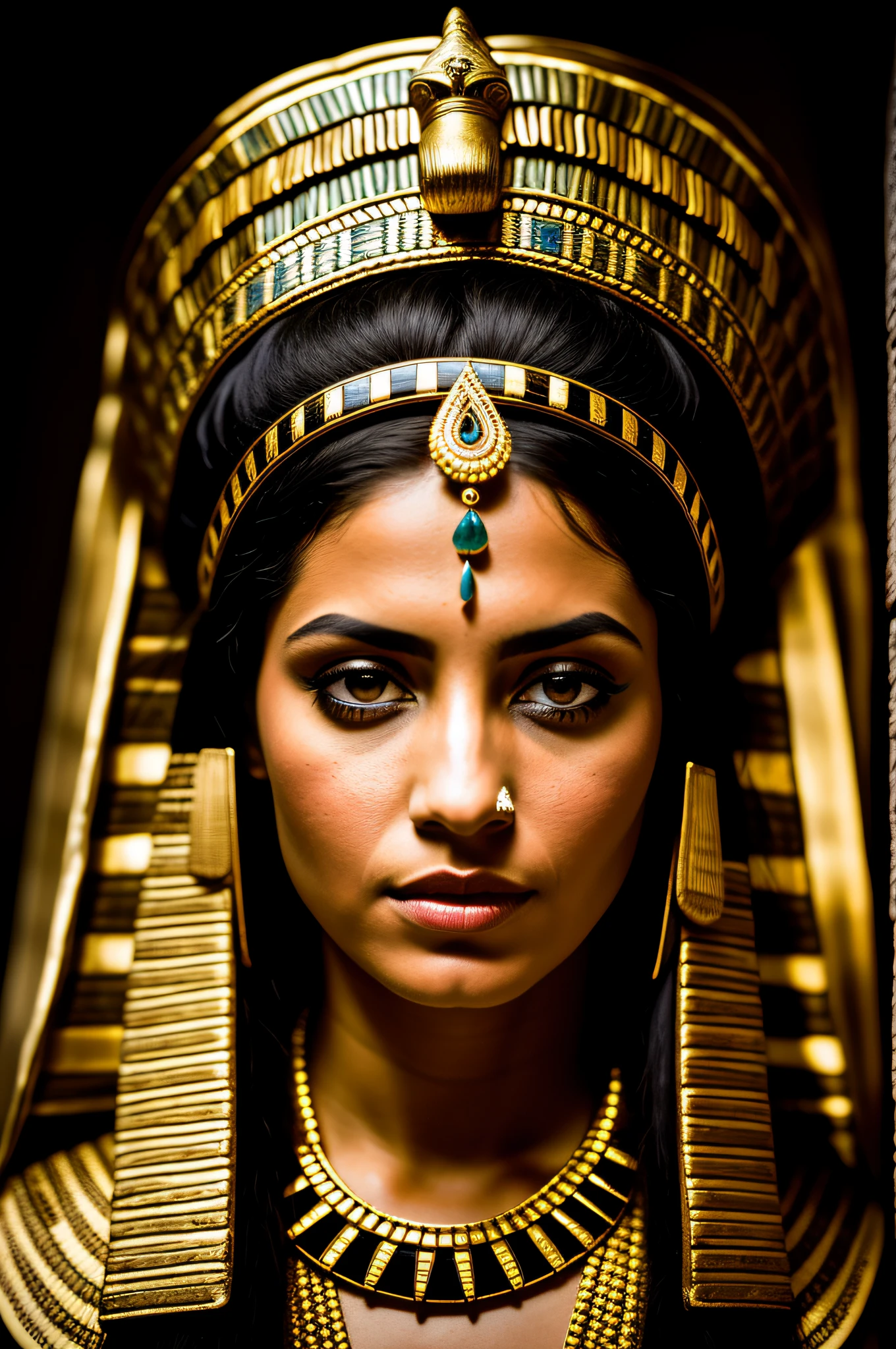 portrait photo of Cleopatra, highly detailed face, depth of field, moody light, atmospheric lighting, Egyptian headress, highly detailed, style by Dan Winters, Russell James, Steve McCurry, centered, extremely detailed, Nikon D850, award winning photography
