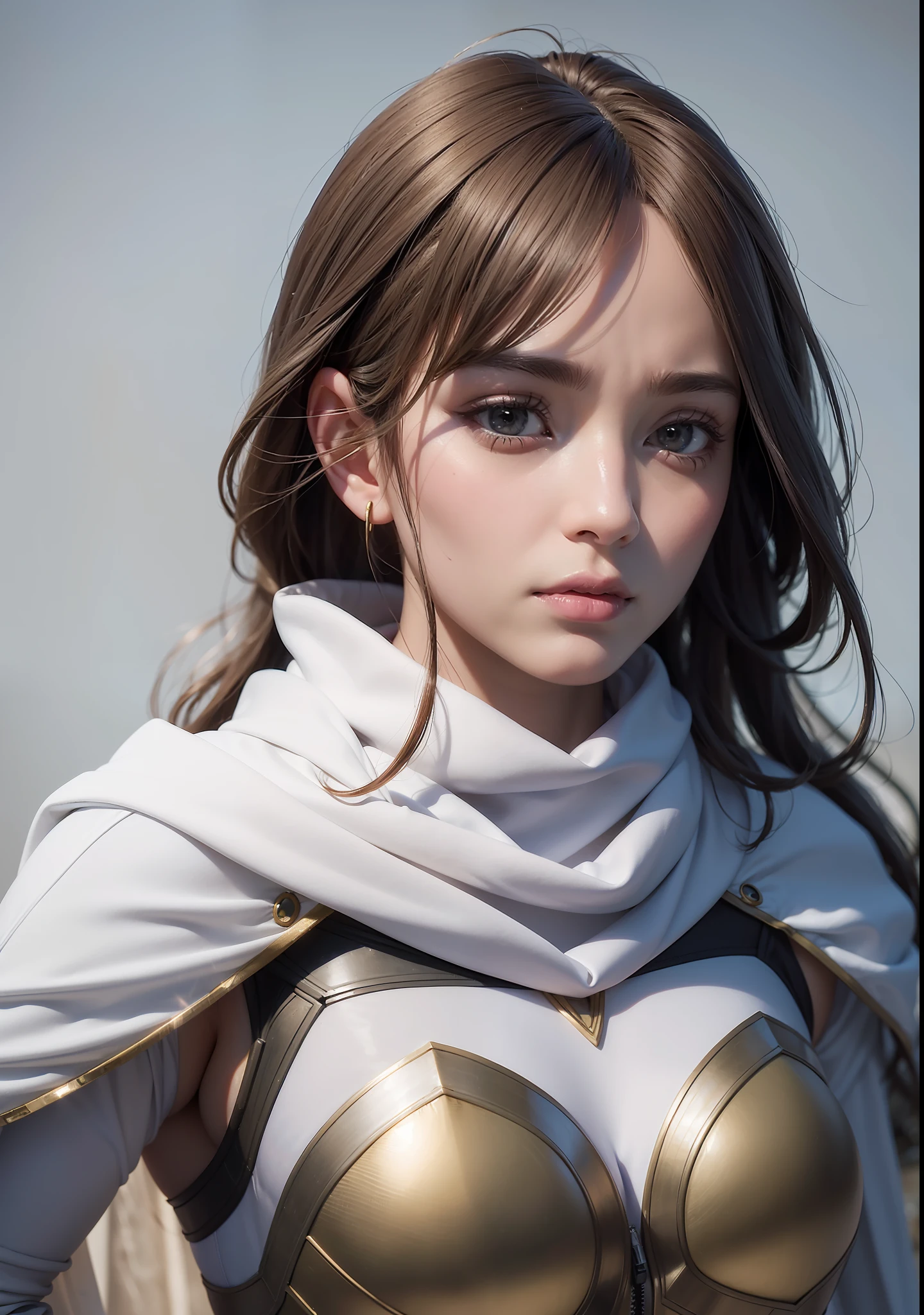 Bust ((half body)) hyperrealistic masterpiece, Superheroine girl ((in Elden Ring style)) in extremely detailed tech tight plugsuit ((with scarf & white cape)), cinematic illumination: 8k