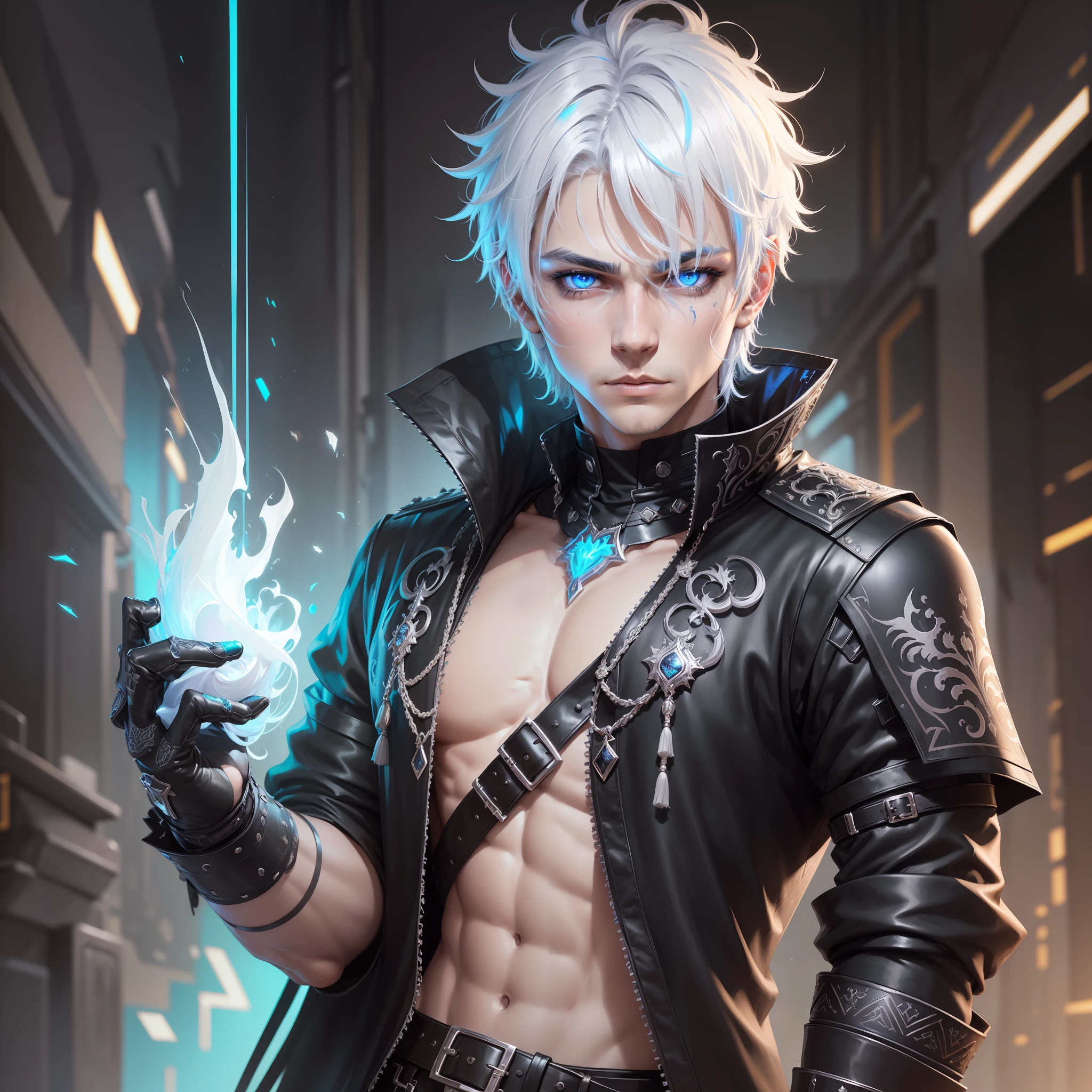 Male cyberpunk, fantasy world, dark background, clean design, epic instagram, artstation, colorful ink splashes, silhouette, hyper detailed intricate details, unreal engine, fantasy, intricate details, home screen, complementary colors, fantasy concept art, 8k resolution, deviantart masterpiece, oil painting, heavy strokes, ink drips, (isolated on white background: 1.3), rainbow skin, (((cute young man))), ((teen: 1.5) ), (blue eyes ), ((clear eyes)), ((((short white hair: 1.1)))), ((black clothes)), (prince\\(indifferent expression\\),(((Wears luxurious black tunic with high details))), white hair, ice magic, ((chest) --v 6