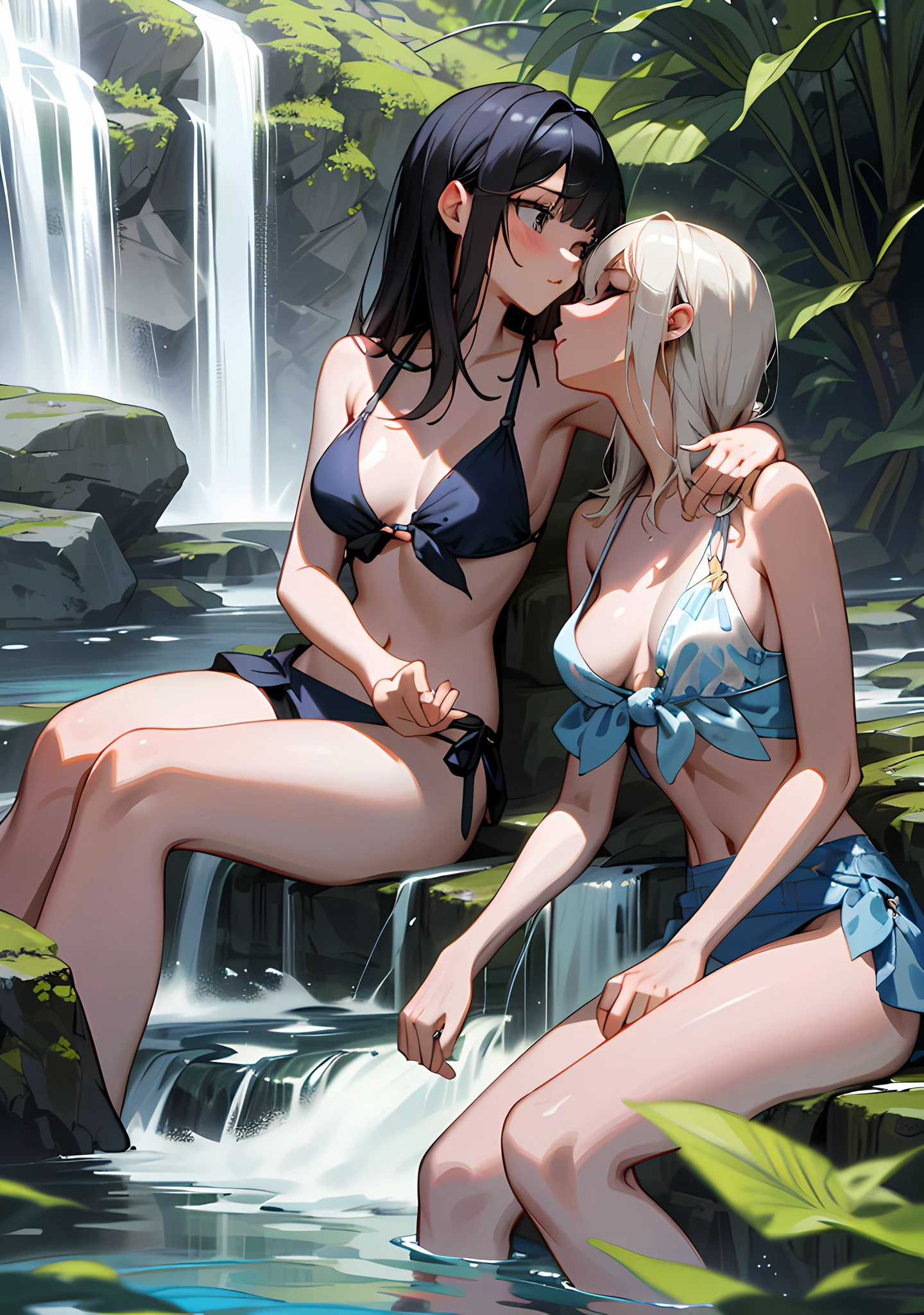 "Gorgeous and high-quality, highly detailed masterpiece that features 2 charming girls in bikini sitting near a waterfall. Creating a sexual atmosphere." medium breasts, (nipple slip:1.1), kissing, bare chest, ripped clothes