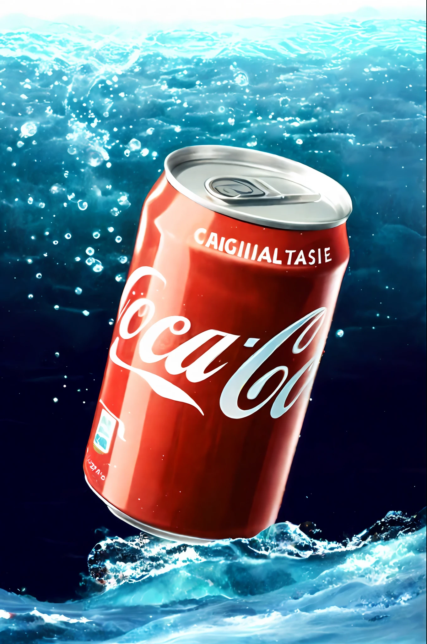 A can of Coca-Cola drink in the iceberg sea, there are bubbles around the periphery, showing a very cool feeling, to have a clear metallic texture and refraction in the water, the bottle body has bubbles caused by falling into the sea