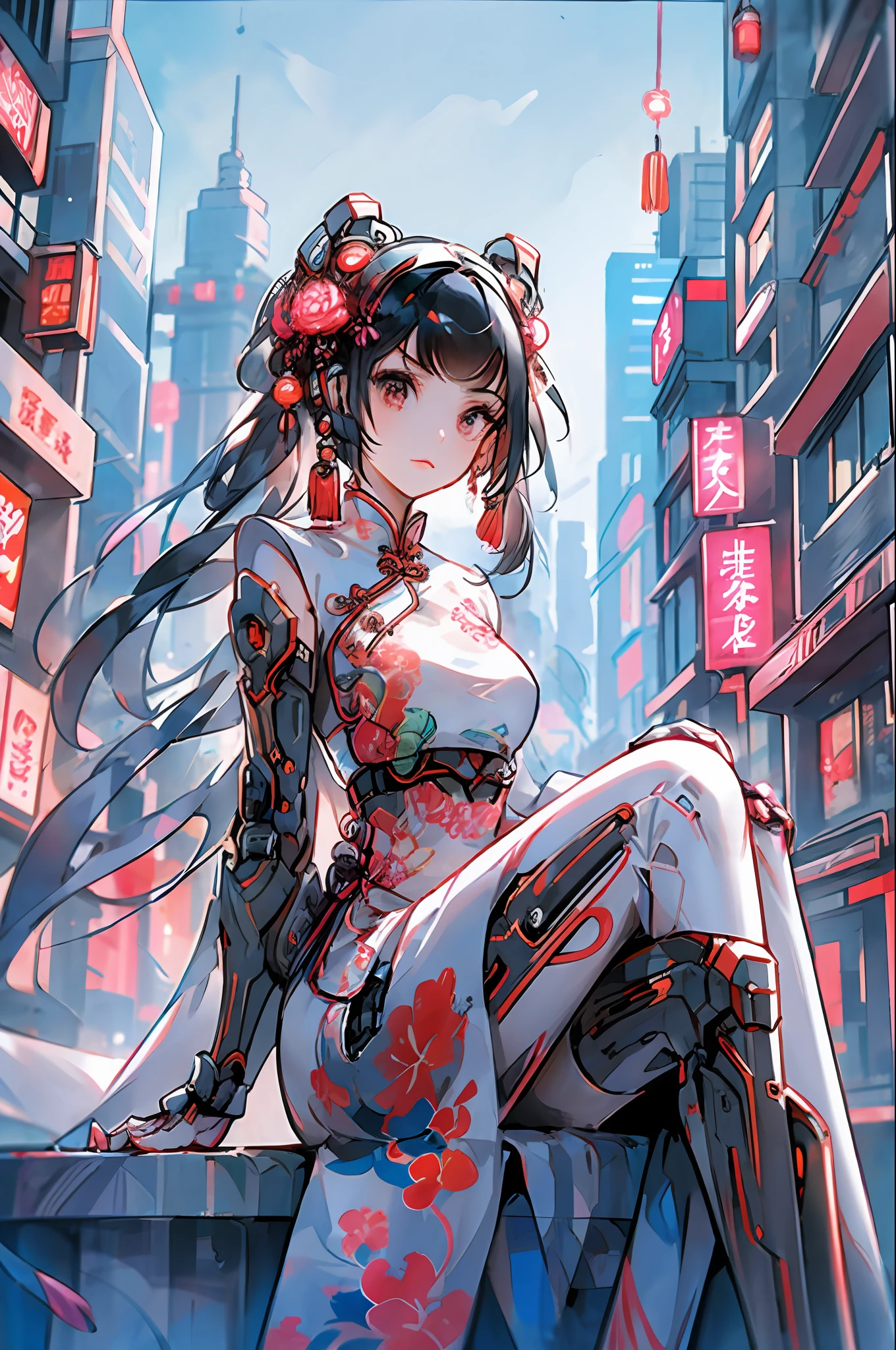 1 girl, chinese_clothes, sitting, in white and pink,cyberhanfu, Cheongsam, cyberpunk city, dynamic pose, Headdress, hair ornament, long hair, cyberpunk, a high-tech city, full of machinery and futuristic element, futurism, technology